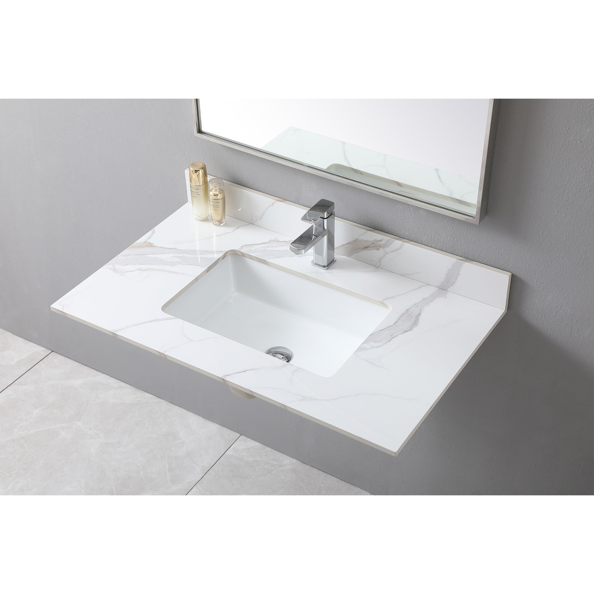 Montary 37inch bathroom vanity top stone carrara gold new style tops with rectangle undermount ceramic sink and single faucet hole
