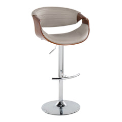 Symphony Mid-Century Modern Adjustable Barstool with Swivel in Chrome Metal, Walnut Wood and Grey Faux Leather with Rounded T Footrest by LumiSource - Set of 2