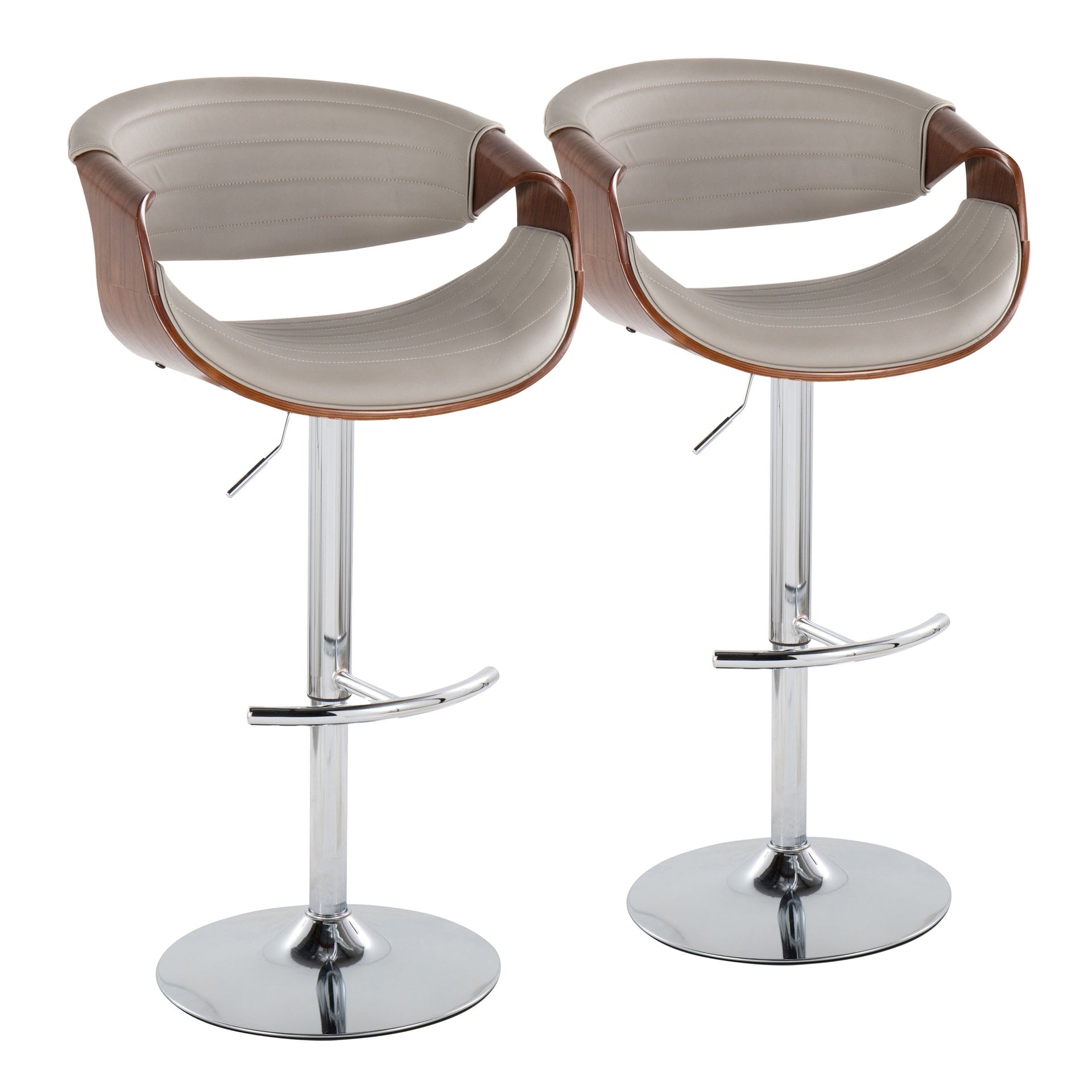 Symphony Mid-Century Modern Adjustable Barstool with Swivel in Chrome Metal, Walnut Wood and Grey Faux Leather with Rounded T Footrest by LumiSource - Set of 2