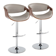 Symphony Mid-Century Modern Adjustable Barstool with Swivel in Chrome Metal, Walnut Wood and Grey Faux Leather with Rounded T Footrest by LumiSource - Set of 2
