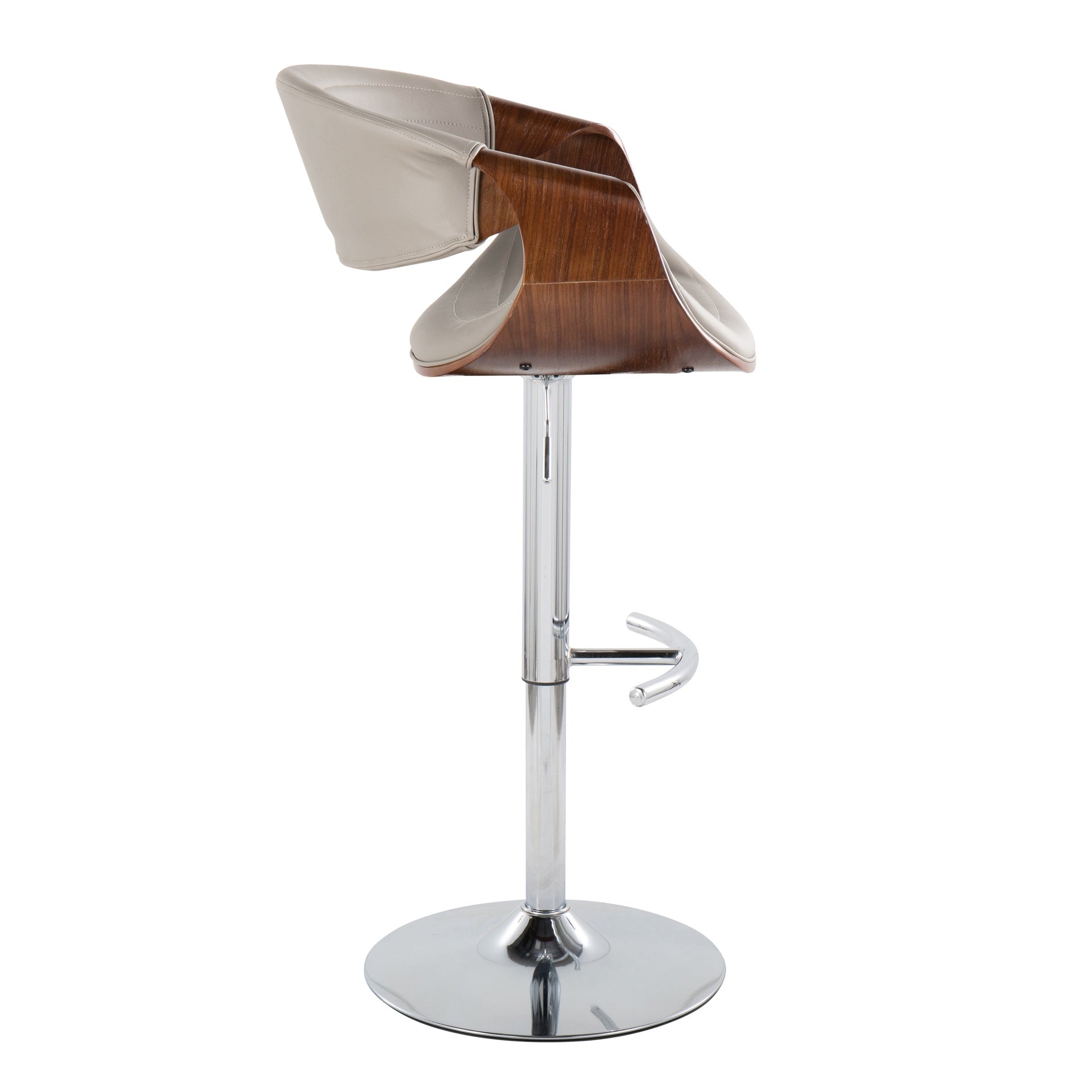 Symphony Mid-Century Modern Adjustable Barstool with Swivel in Chrome Metal, Walnut Wood and Grey Faux Leather with Rounded T Footrest by LumiSource - Set of 2