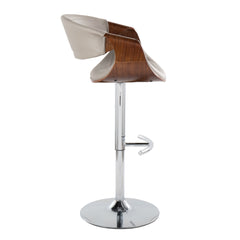 Symphony Mid-Century Modern Adjustable Barstool with Swivel in Chrome Metal, Walnut Wood and Grey Faux Leather with Rounded T Footrest by LumiSource - Set of 2