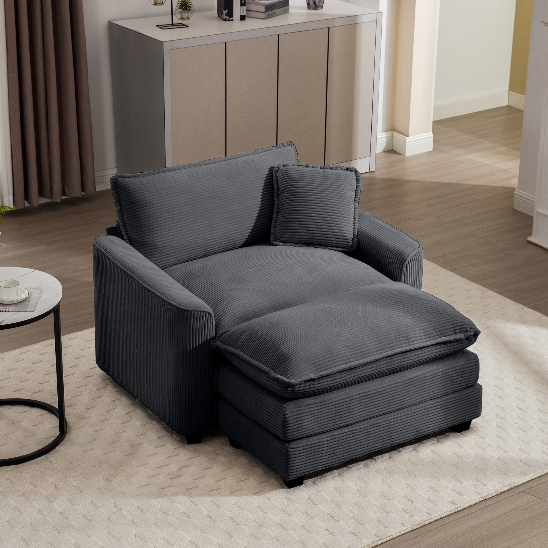 Comfortable Single Chair Deep Seat Sofa With Footstool With One Pillow, Suitable for Living Room and Bedroom, Club Multiple Occasions, Grey Corduroy Fabric