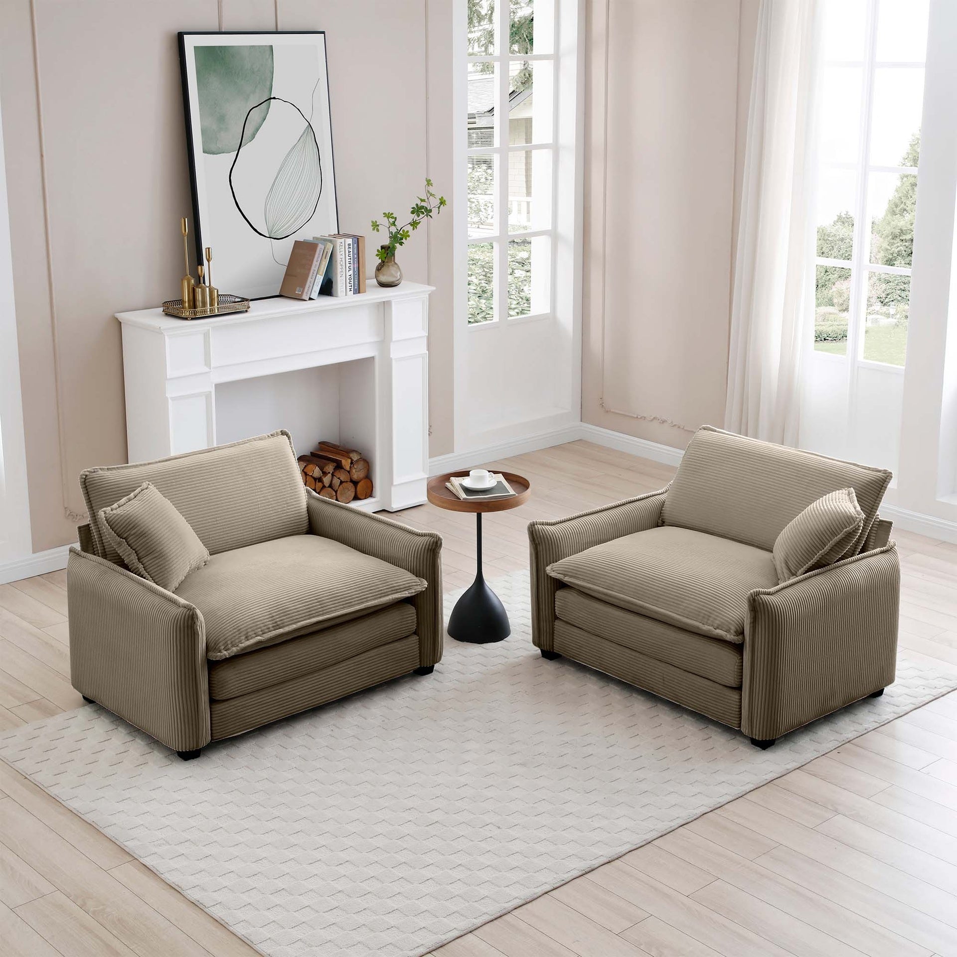 Tan Corduroy,Luxurious and Sophisticated Deep Seated Sofa Set with Two Single  Deep Seat Sofa Suitable for Living Room and Office