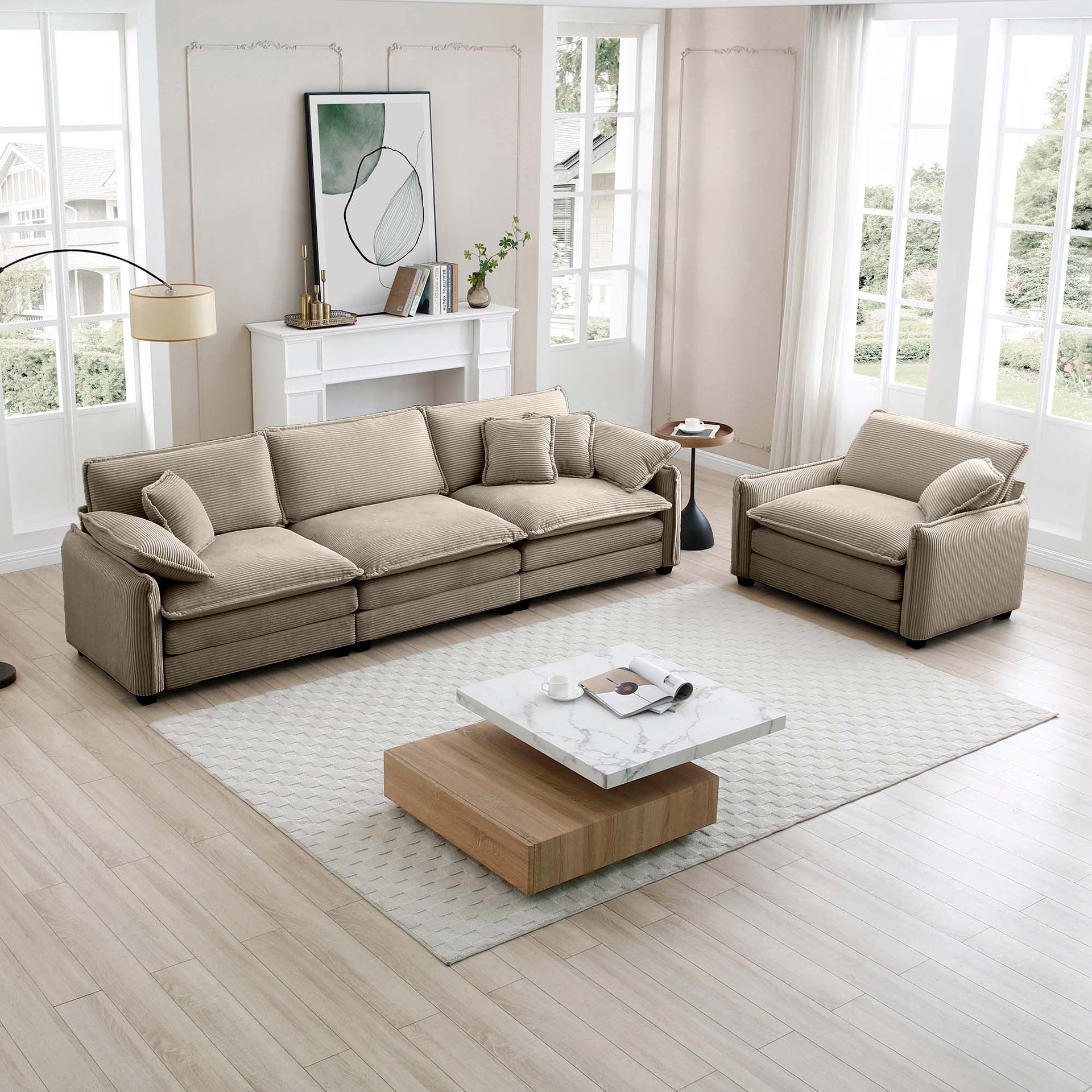 Mid-Century Modern Sofa Set of Two, One 3-Seater Sofa and One Single Seat Sofa with 2 Arm Pillows and 4 Throw Pillows,2 Pieces Sofa Set for Living Room,Tan Corduroy Fabric