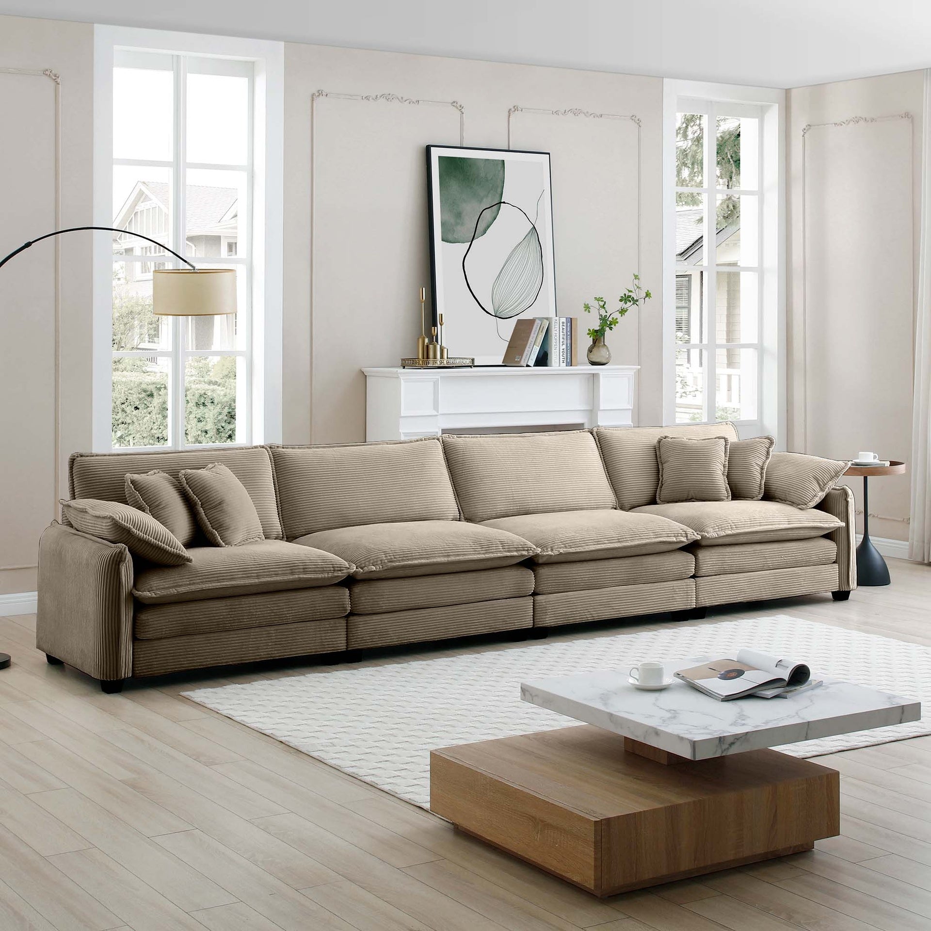 Corduroy Sofa,Modern Upholstered 4 Seater Corduroy Fabric Sofa,Office Living Room Apartment Comfortable Sofa, Easy to Assemble with 2 Arm Pillows and 4 Throw Pillows