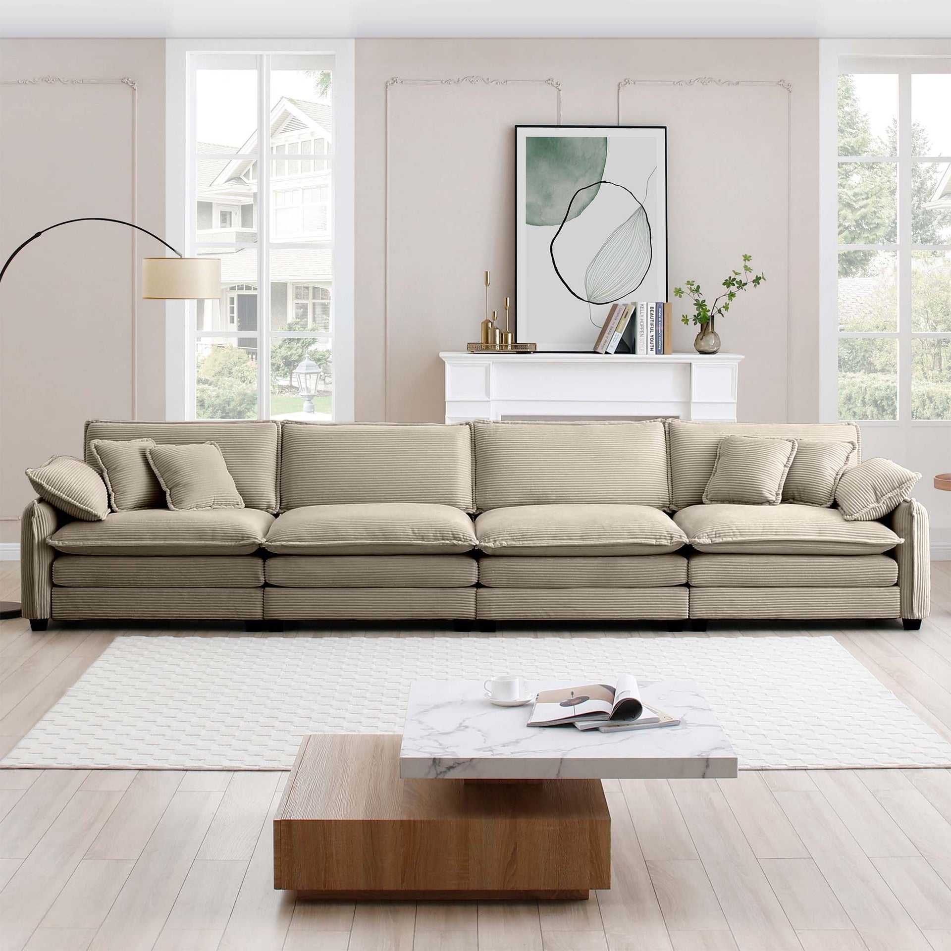 Corduroy Sofa,Modern Upholstered 4 Seater Corduroy Fabric Sofa,Office Living Room Apartment Comfortable Sofa, Easy to Assemble with 2 Arm Pillows and 4 Throw Pillows