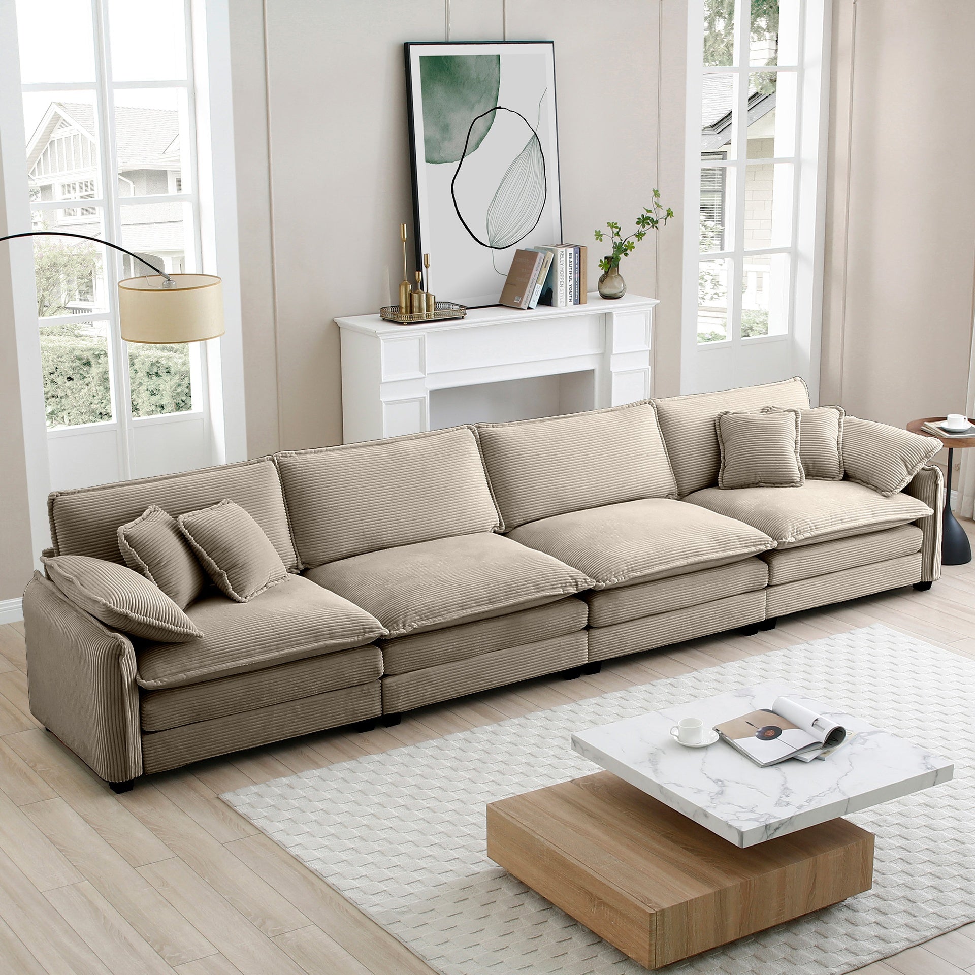 Corduroy Sofa,Modern Upholstered 4 Seater Corduroy Fabric Sofa,Office Living Room Apartment Comfortable Sofa, Easy to Assemble with 2 Arm Pillows and 4 Throw Pillows