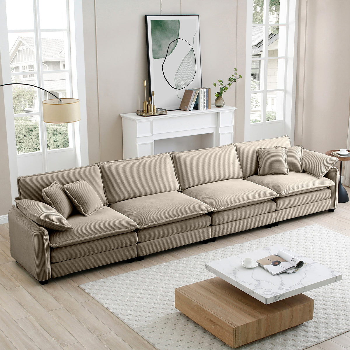 Corduroy Sofa,Modern Upholstered 4 Seater Corduroy Fabric Sofa,Office Living Room Apartment Comfortable Sofa, Easy to Assemble with 2 Arm Pillows and 4 Throw Pillows