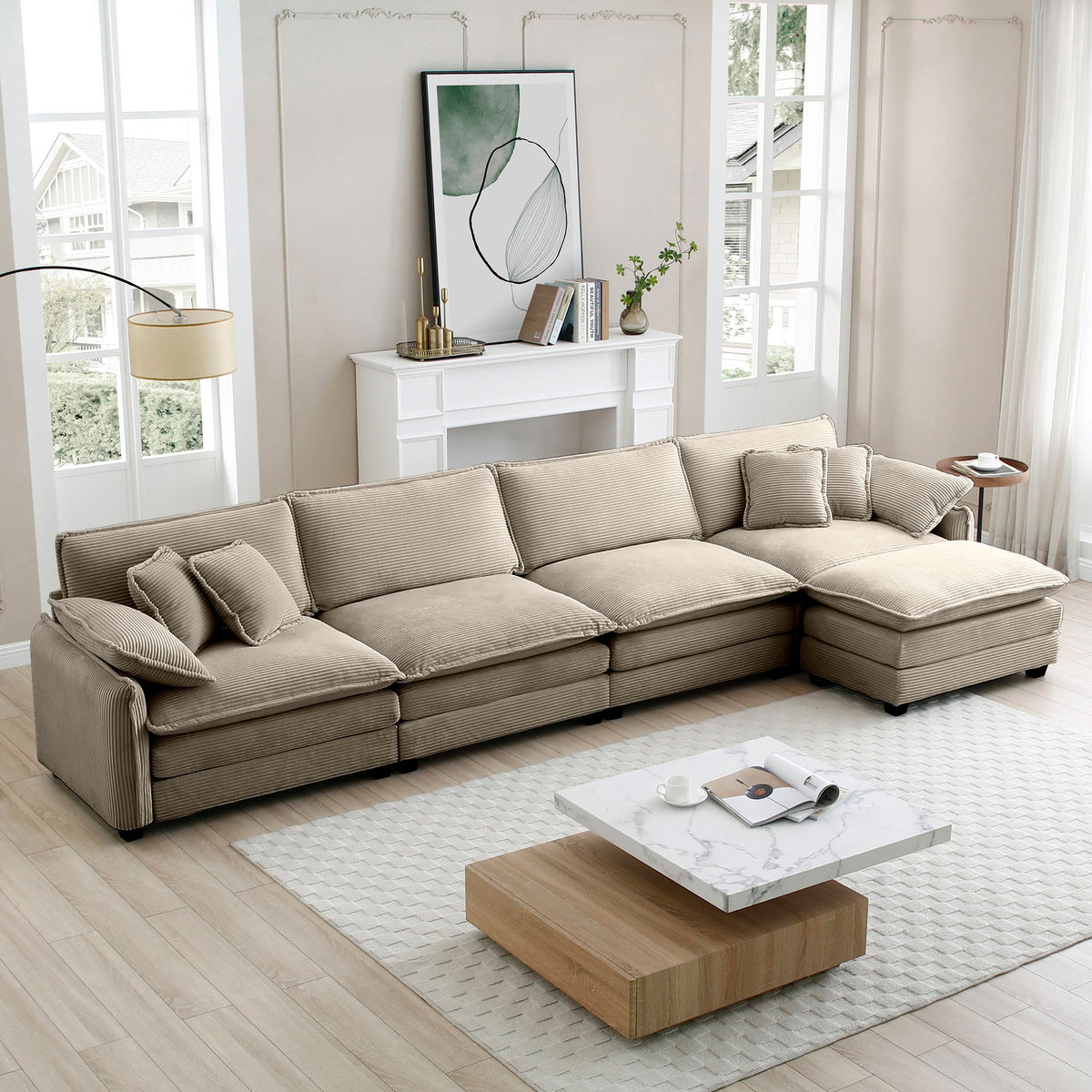 Corduroy Sofa Modern Upholstered 4 Seater with with 1 Footstool Corduroy Fabric Sofa,Office Living Room Apartment Comfort Sofa, Easy to Assemble with 2 Arm Pillows and 4 Throw Pillows