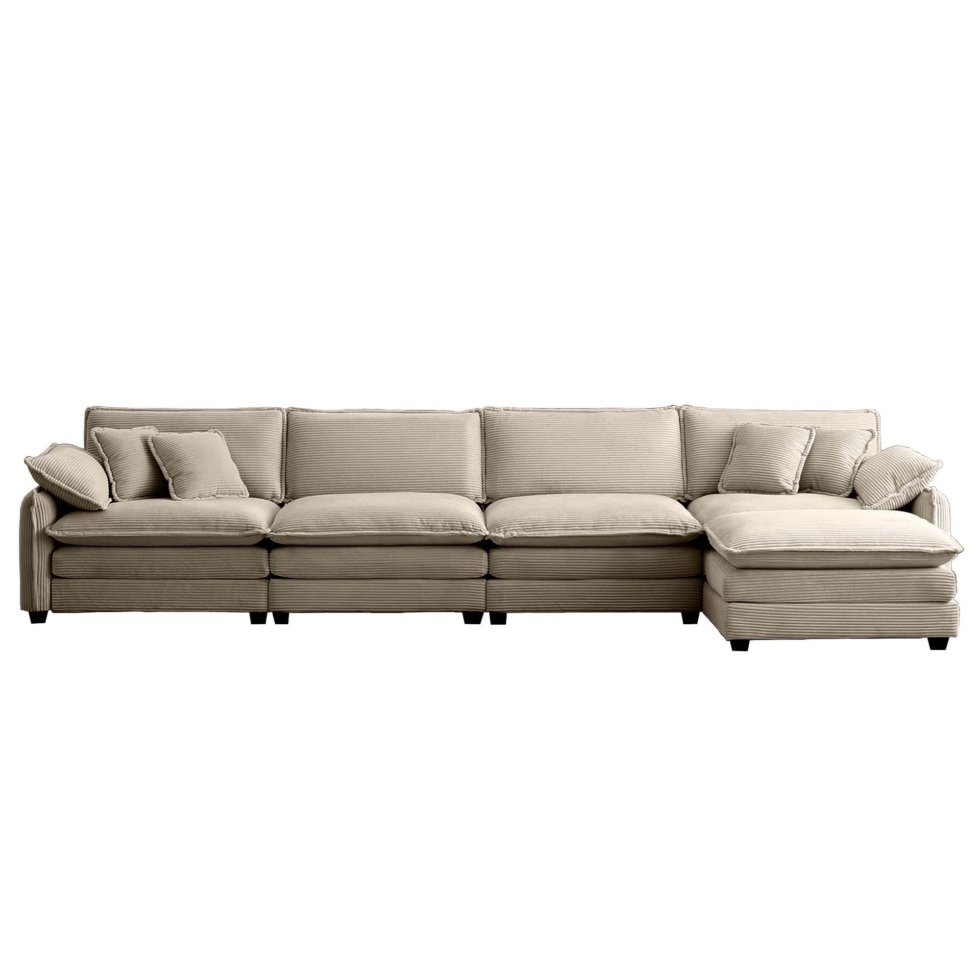 Corduroy Sofa Modern Upholstered 4 Seater with with 1 Footstool Corduroy Fabric Sofa,Office Living Room Apartment Comfort Sofa, Easy to Assemble with 2 Arm Pillows and 4 Throw Pillows