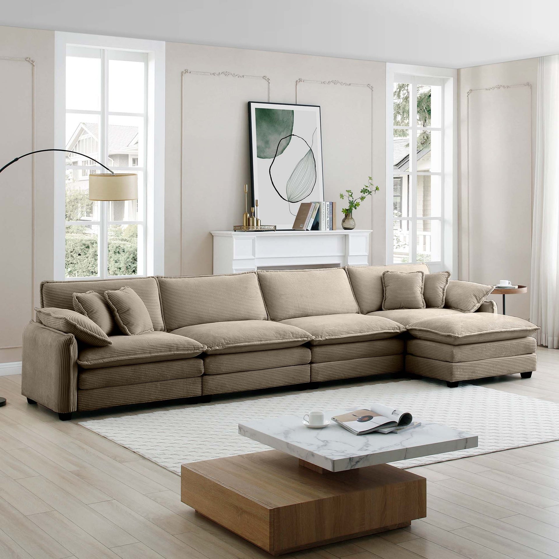 Corduroy Sofa Modern Upholstered 4 Seater with with 1 Footstool Corduroy Fabric Sofa,Office Living Room Apartment Comfort Sofa, Easy to Assemble with 2 Arm Pillows and 4 Throw Pillows
