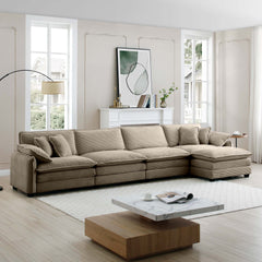 Corduroy Sofa Modern Upholstered 4 Seater with with 1 Footstool Corduroy Fabric Sofa,Office Living Room Apartment Comfort Sofa, Easy to Assemble with 2 Arm Pillows and 4 Throw Pillows