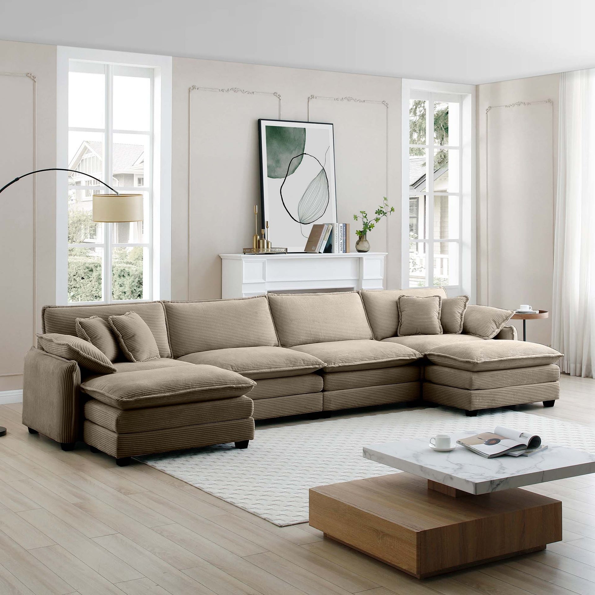Over size U Shape Corduroy Sofa , Modern Upholstered 4 Seater Sofa with 2  Ottomans,  Premium Soft Corduroy Fabric Sofa