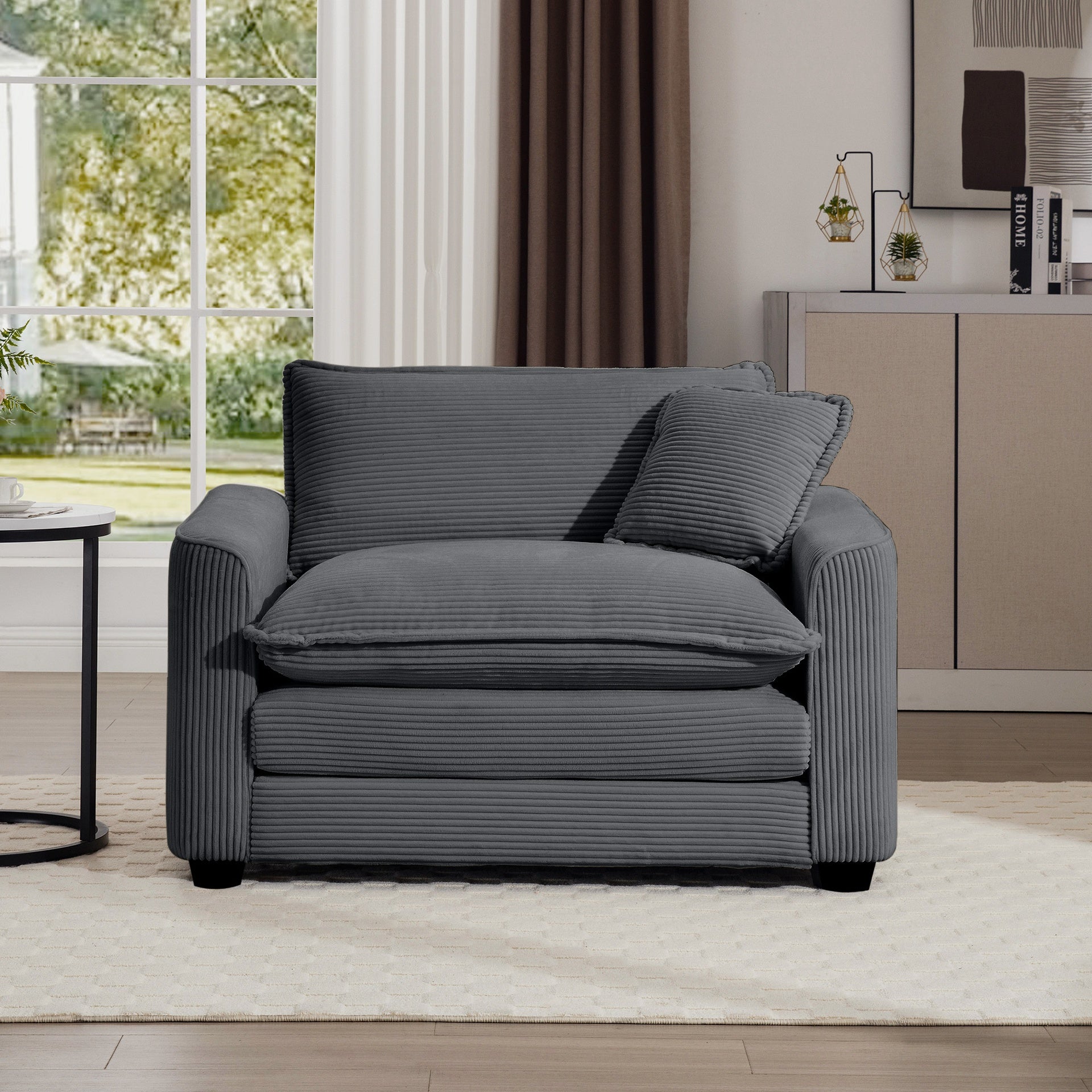 Grey Corduroy Fabric, Comfortable Single Chair Deep Seat Sofa With One Pillow, Suitable for Living Room and Bedroom, Club Multiple Occasions