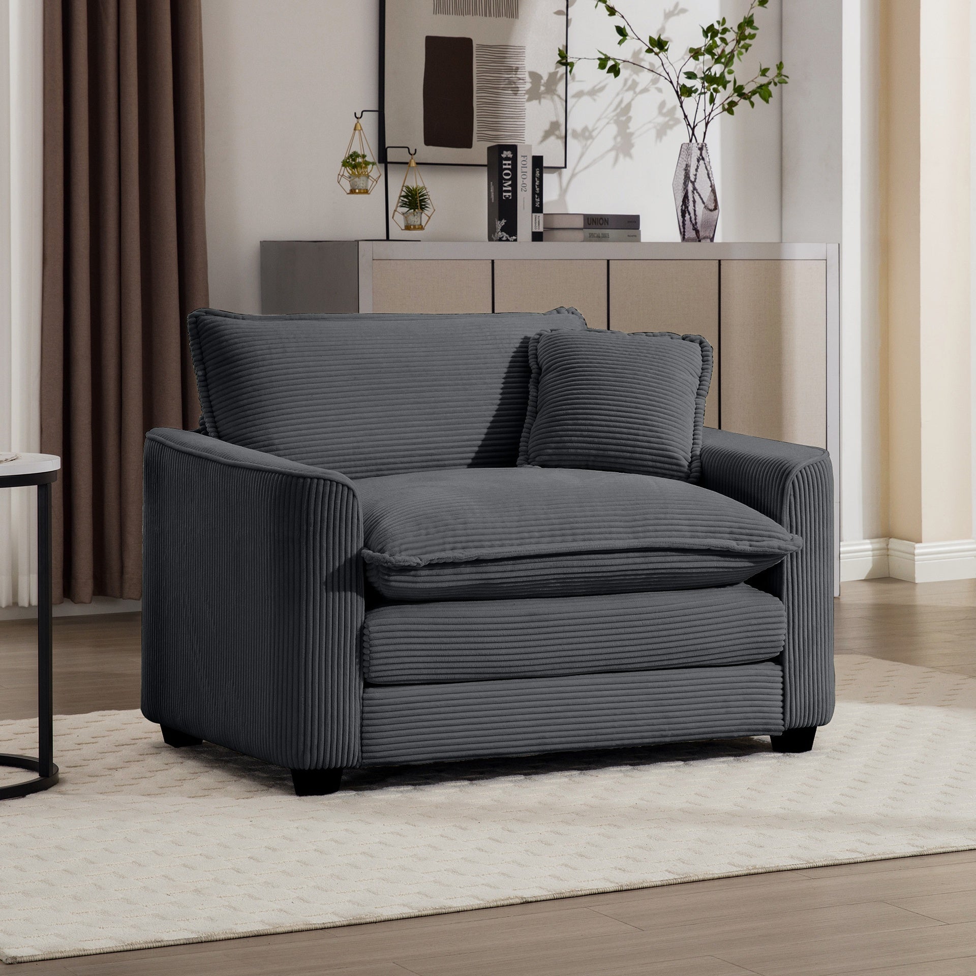 Grey Corduroy Fabric, Comfortable Single Chair Deep Seat Sofa With One Pillow, Suitable for Living Room and Bedroom, Club Multiple Occasions