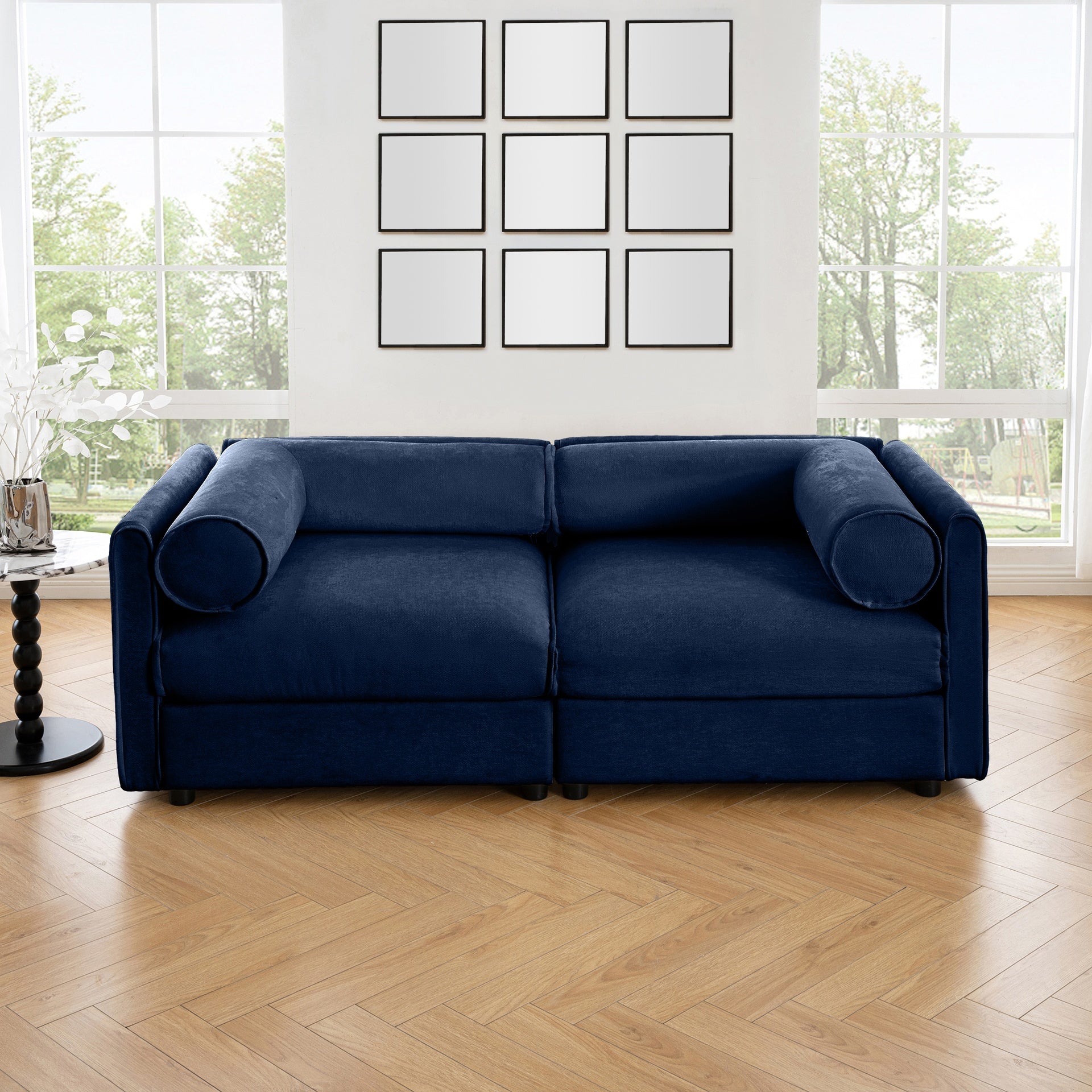 Stylish Blue Chenille 2-Seater Sofa with Storage Seat, Cylindrical Backrest and Armrests, Modern Fabric Loveseat Featuring Hidden Storage Space