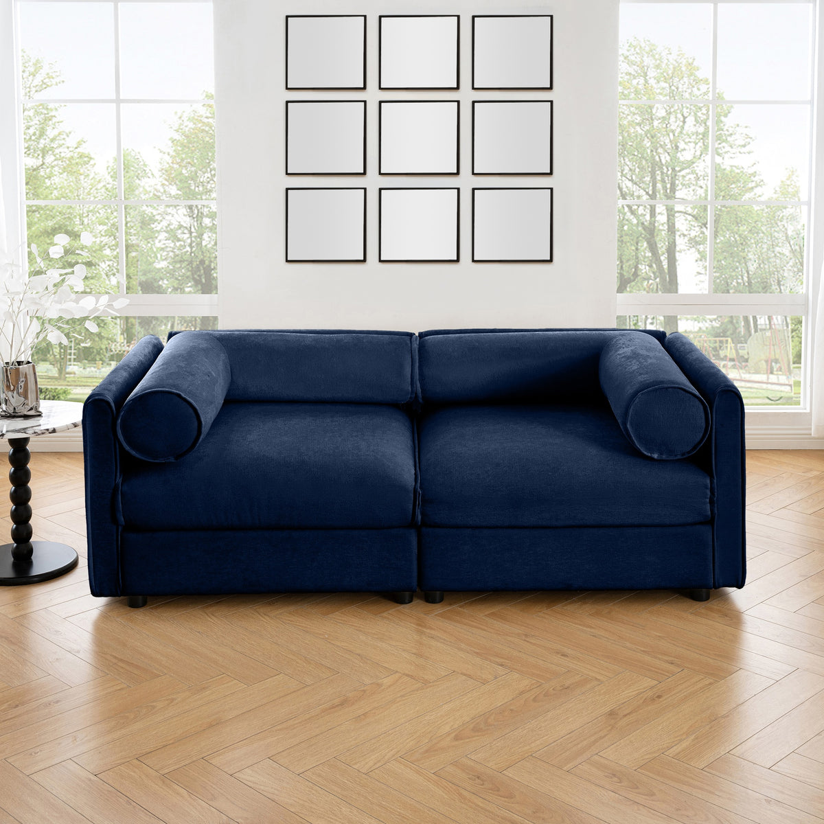 Stylish Blue Chenille 2-Seater Sofa with Storage Seat, Cylindrical Backrest and Armrests, Modern Fabric Loveseat Featuring Hidden Storage Space