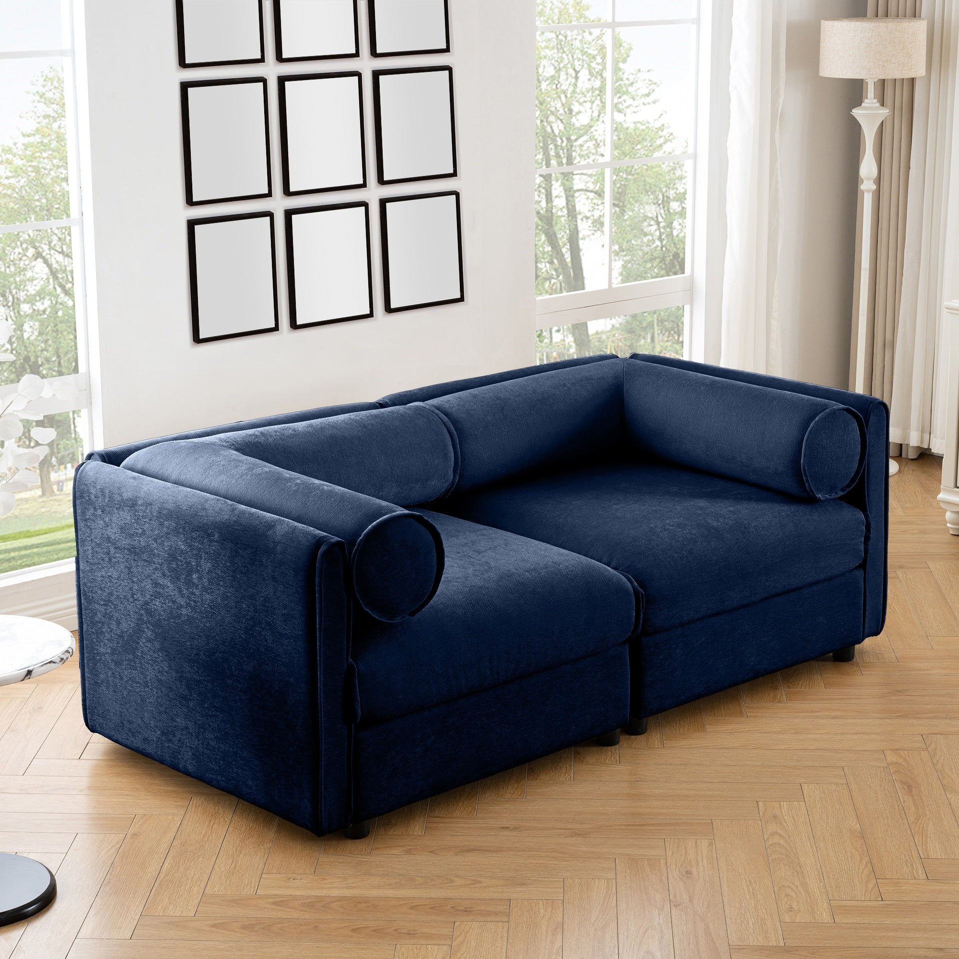 Stylish Blue Chenille 2-Seater Sofa with Storage Seat, Cylindrical Backrest and Armrests, Modern Fabric Loveseat Featuring Hidden Storage Space