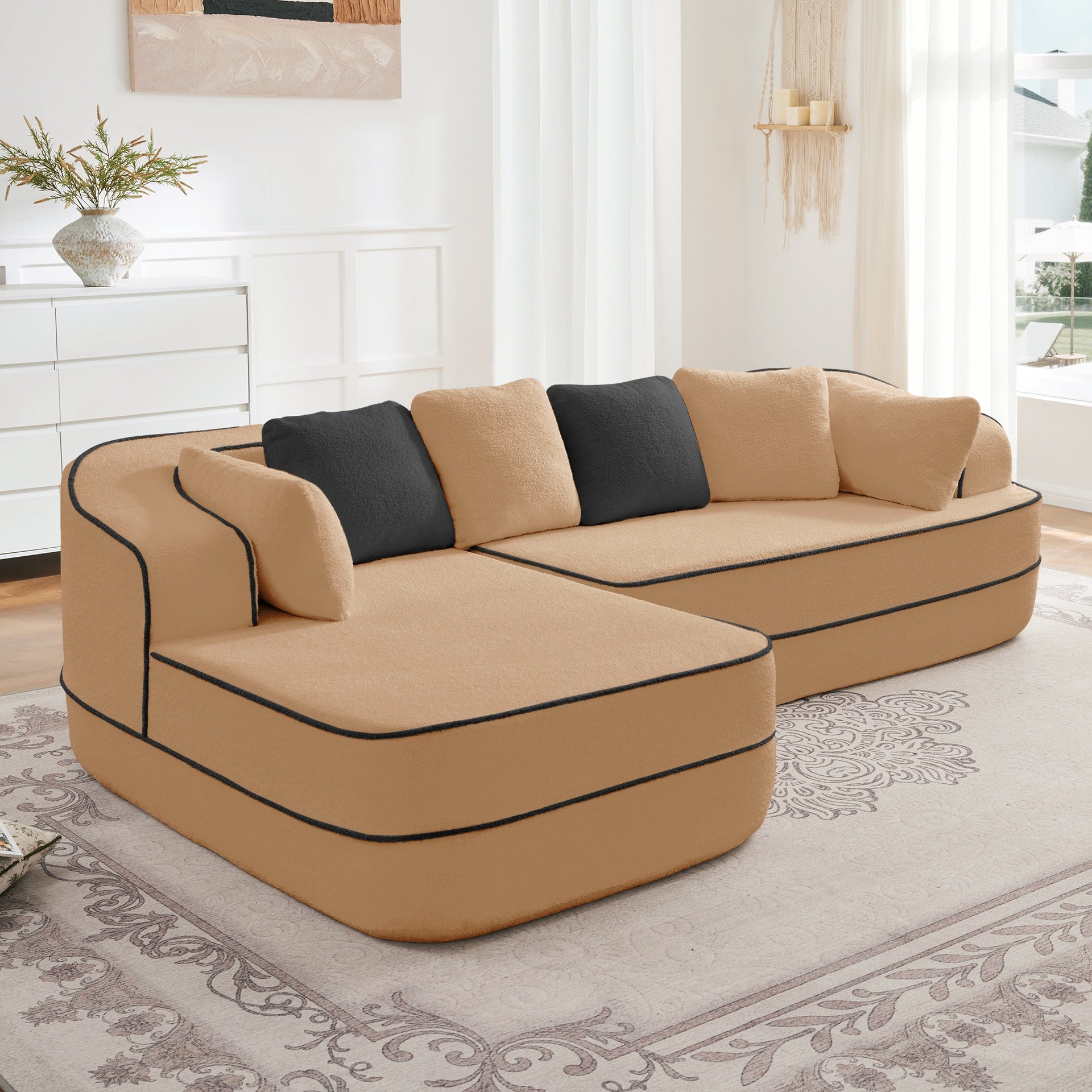 106" Teddy Fabric No Assembly 32D High Density sponge Boneless Sofa,Contrast color design,Fluffy Comfy Couch with L-Shaped Chaise,for Living Room,Camel