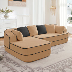 106" Teddy Fabric No Assembly 32D High Density sponge Boneless Sofa,Contrast color design,Fluffy Comfy Couch with L-Shaped Chaise,for Living Room,Camel