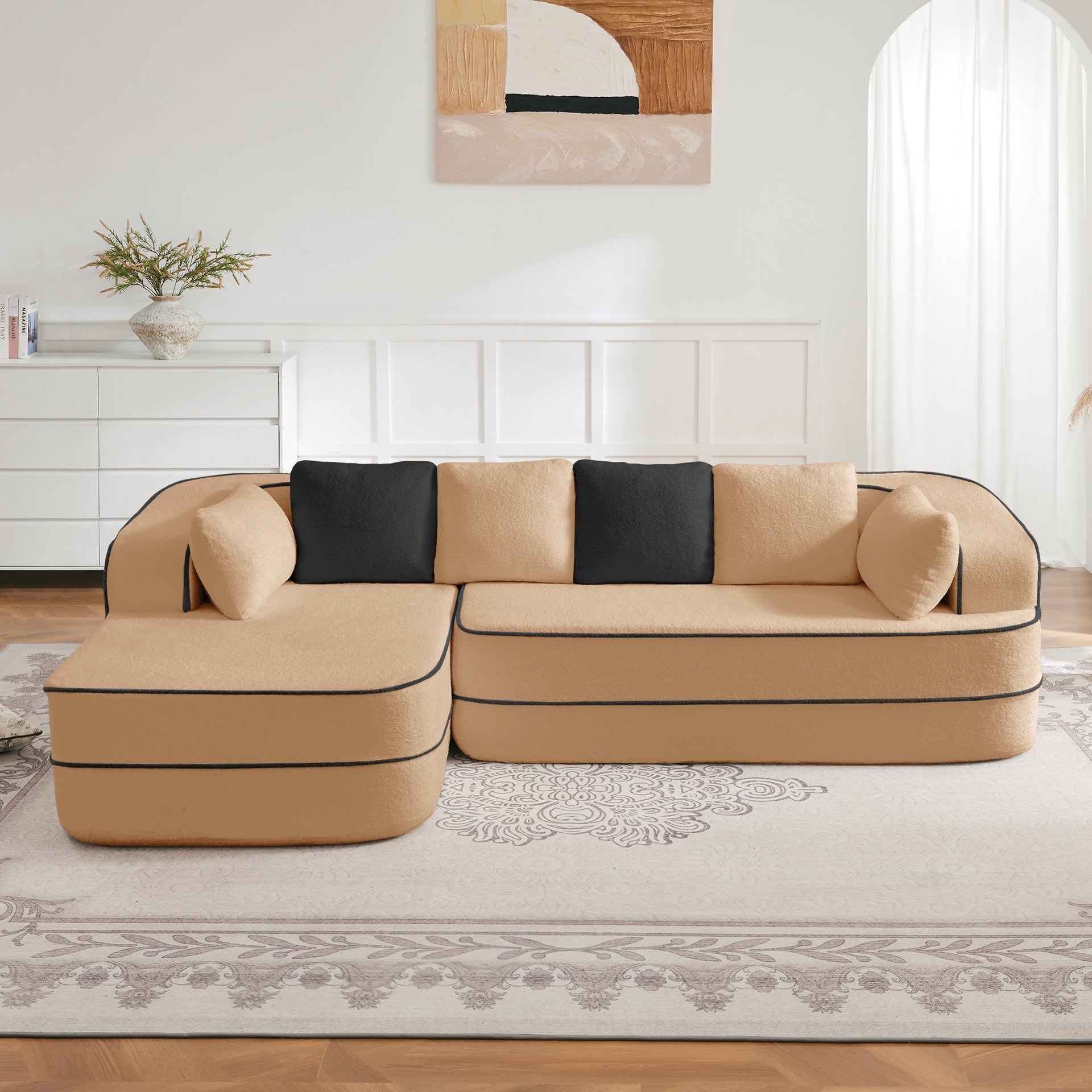106" Teddy Fabric No Assembly 32D High Density sponge Boneless Sofa,Contrast color design,Fluffy Comfy Couch with L-Shaped Chaise,for Living Room,Camel