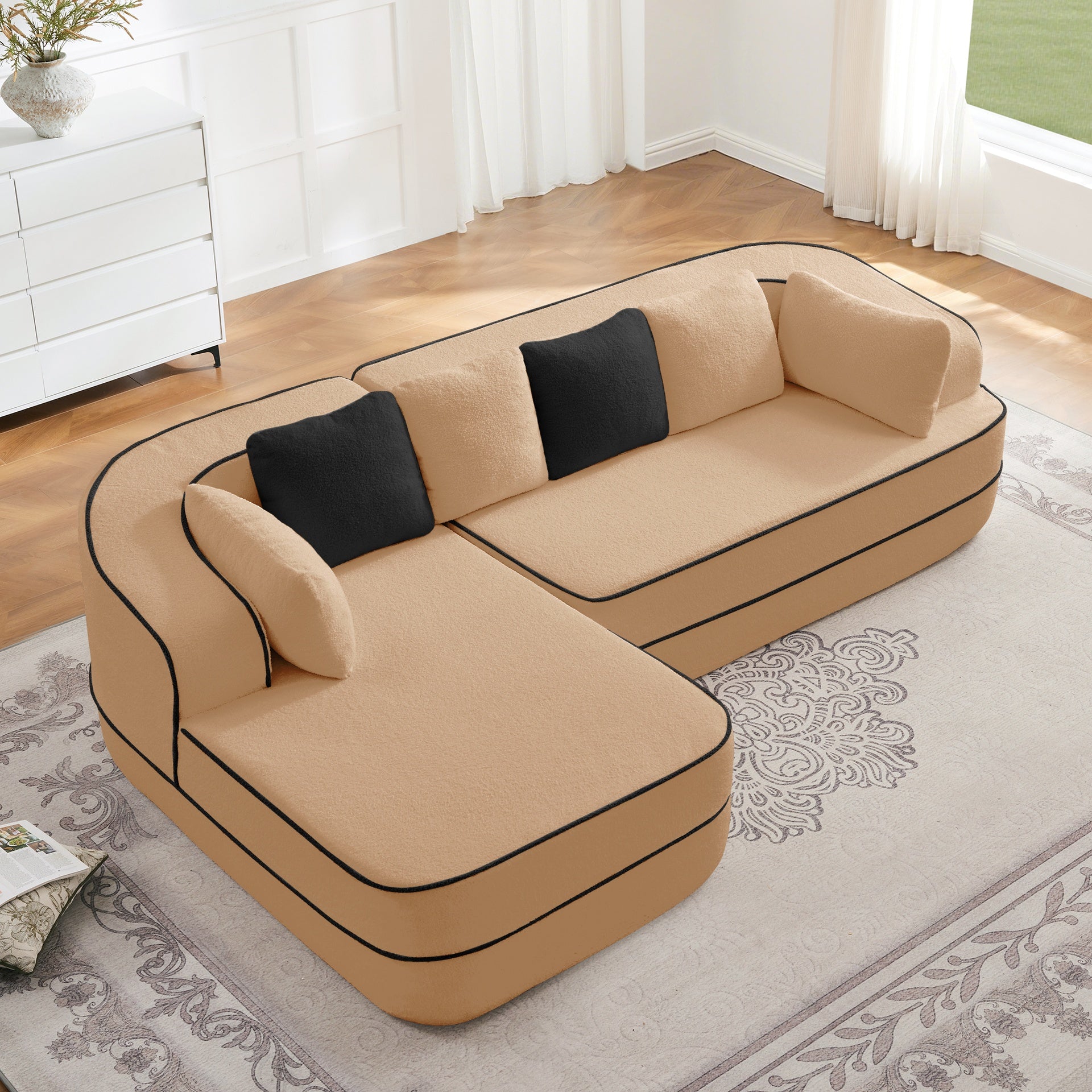 106" Teddy Fabric No Assembly 32D High Density sponge Boneless Sofa,Contrast color design,Fluffy Comfy Couch with L-Shaped Chaise,for Living Room,Camel