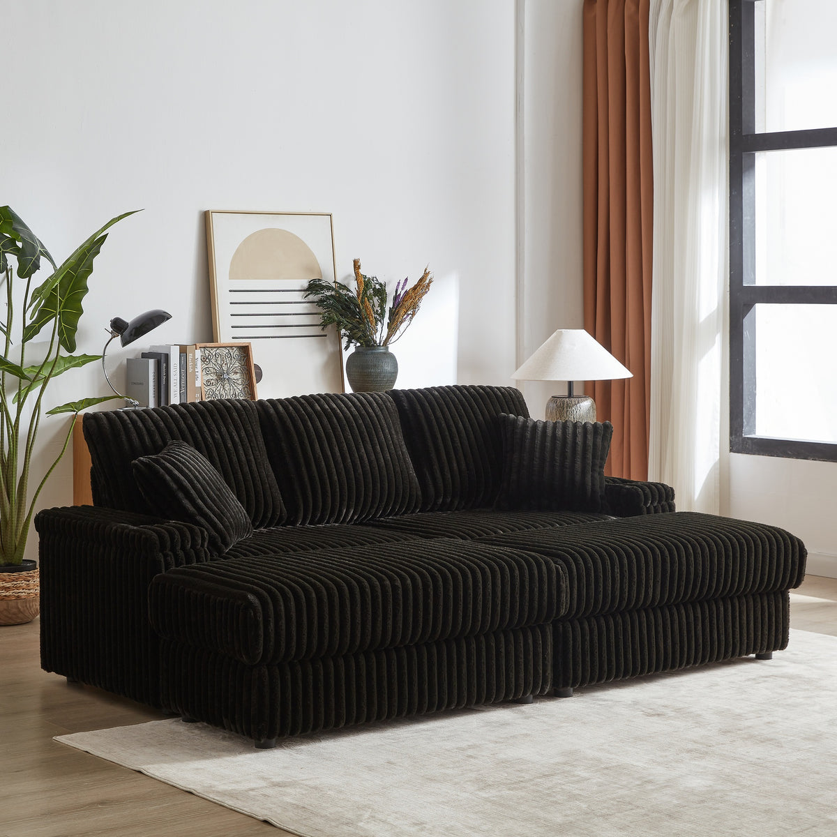 84Inch Corduroy 3-seater sofa With 3 back pillows ,2 toss pillows , 2 ottoman ,2 Footstool Storage and cup-holding grooves Comfy Sofa- Deep Seat Couch for Living Room
