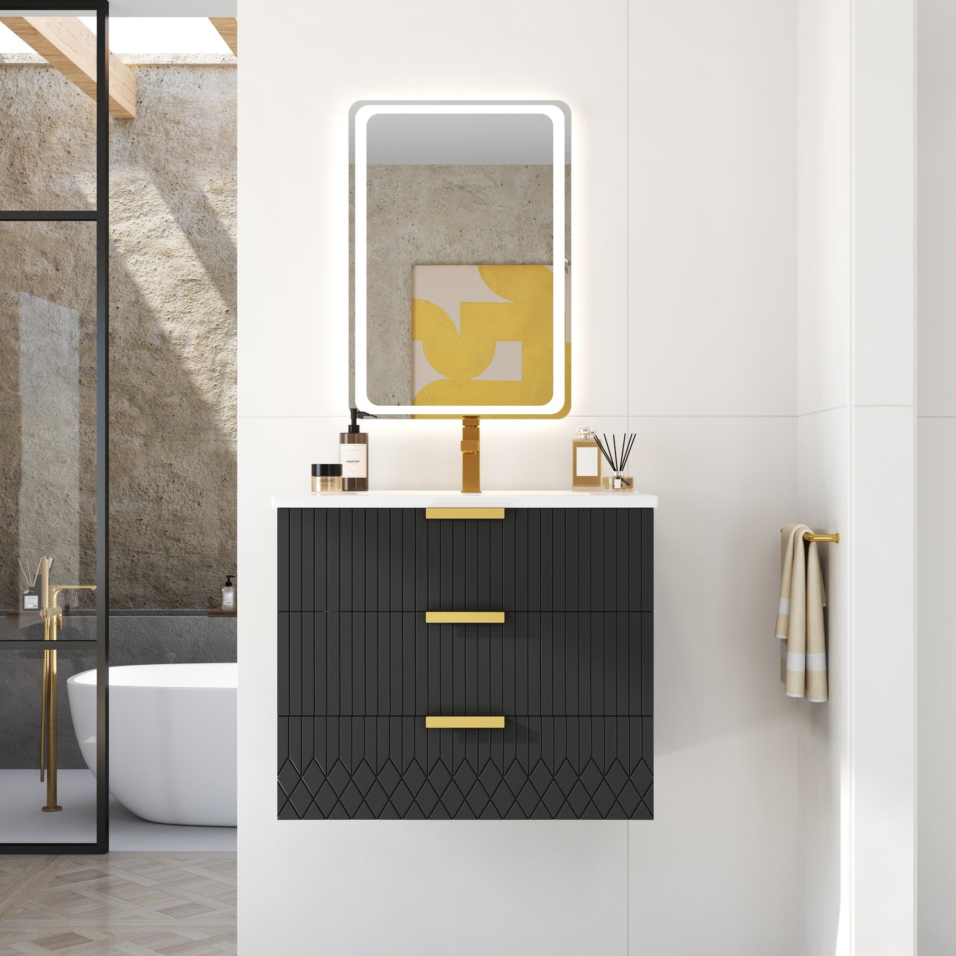 24inch Wall Mounted Floating Cabinet w/Double Drawer, Floating Rectangular Vanity Small Bathroom Sink With Single Faucet Hole and Overflow, Modern Bathroom Cabinet with Ceramic Basin Sink