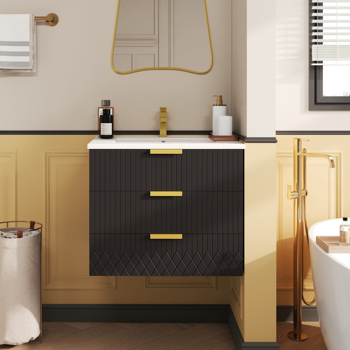 24inch Wall Mounted Floating Cabinet w/Double Drawer, Floating Rectangular Vanity Small Bathroom Sink With Single Faucet Hole and Overflow, Modern Bathroom Cabinet with Ceramic Basin Sink