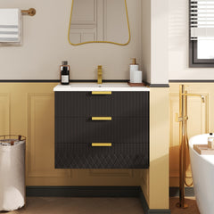 24inch Wall Mounted Floating Cabinet w/Double Drawer, Floating Rectangular Vanity Small Bathroom Sink With Single Faucet Hole and Overflow, Modern Bathroom Cabinet with Ceramic Basin Sink