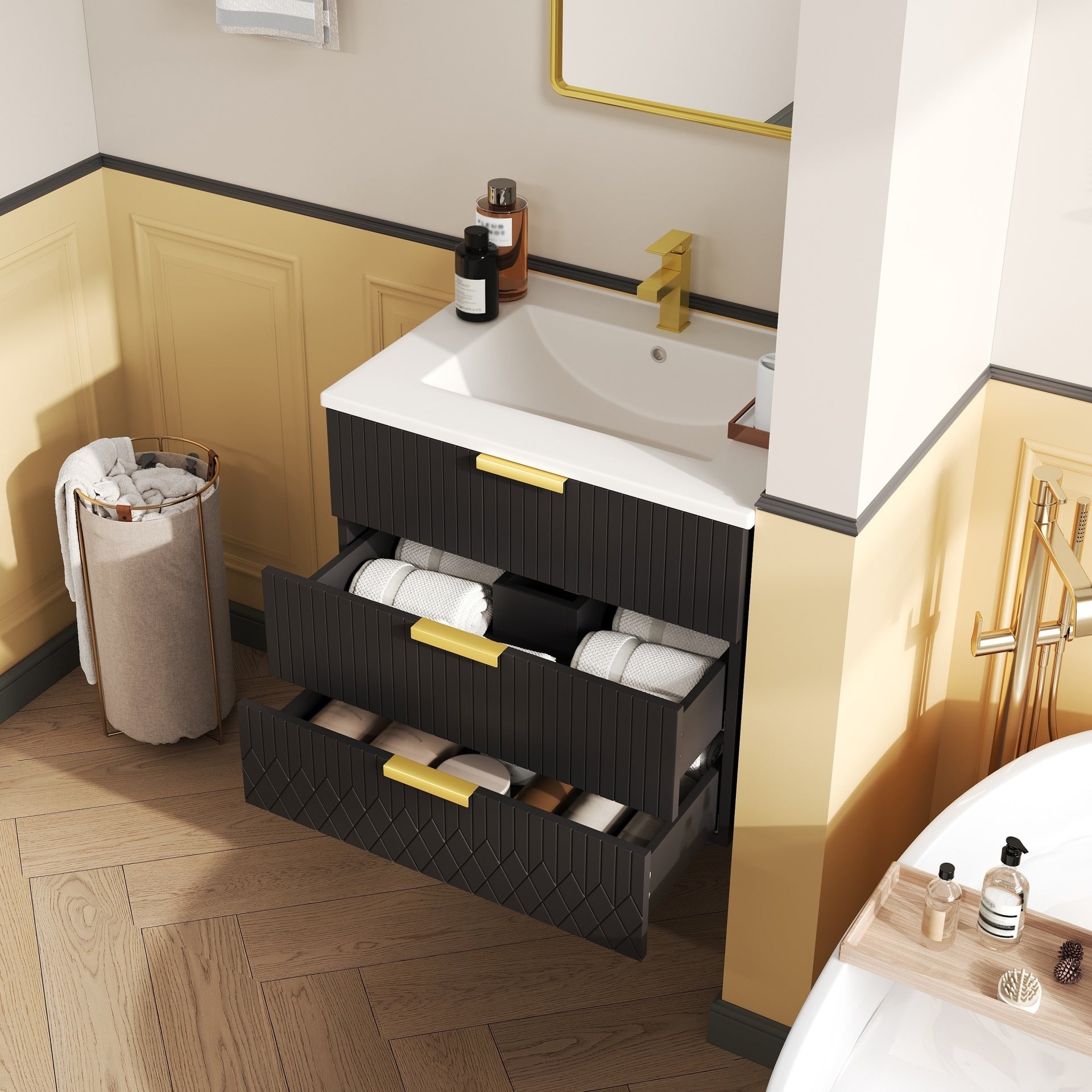 24inch Wall Mounted Floating Cabinet w/Double Drawer, Floating Rectangular Vanity Small Bathroom Sink With Single Faucet Hole and Overflow, Modern Bathroom Cabinet with Ceramic Basin Sink