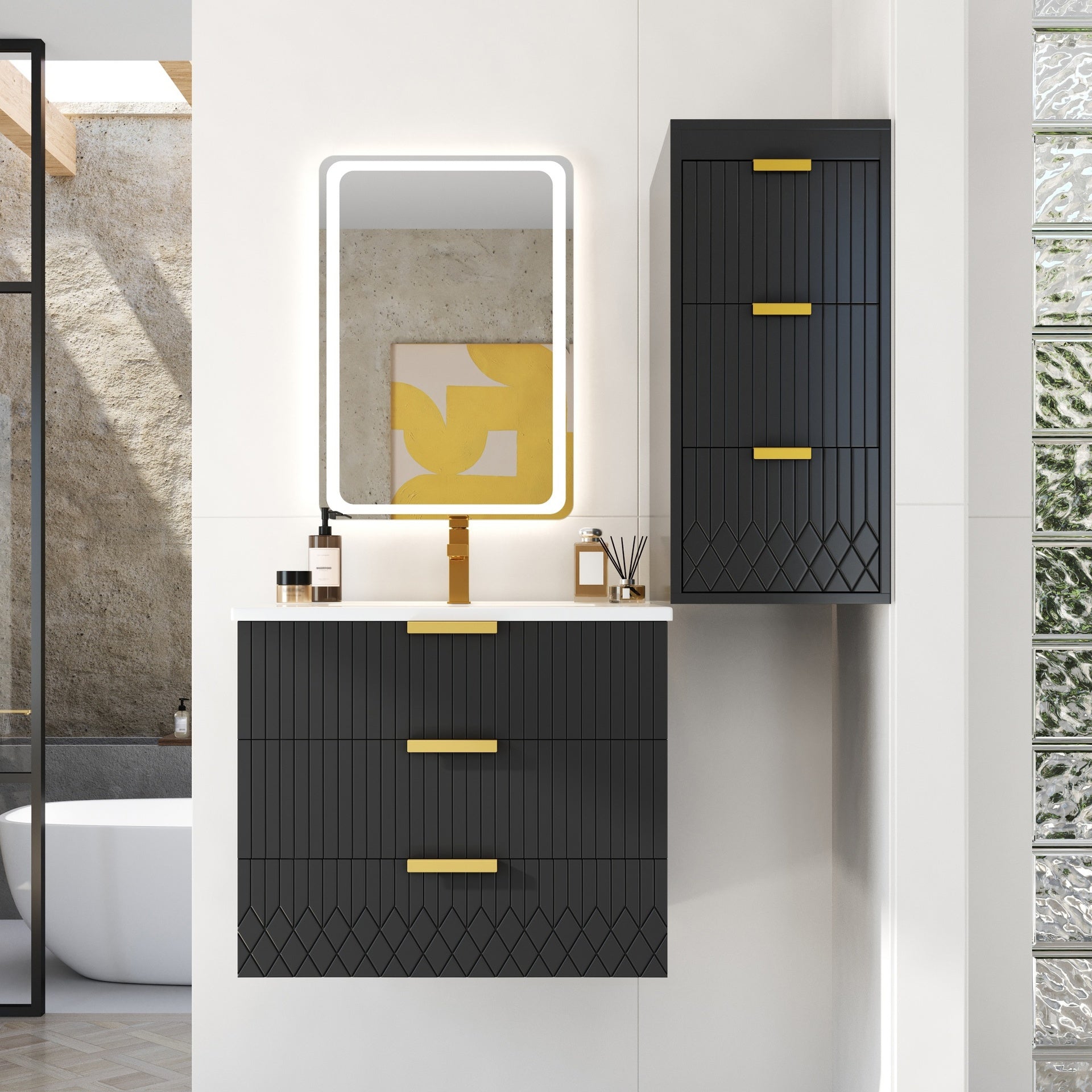 24inch Wall Mounted Floating Cabinet with Side Cabinet Combo, Rectangular Vanity, Small Bathroom Sink With Single Faucet Hole and Overflow, Modern Bathroom Cabinet with Ceramic Basin Sink