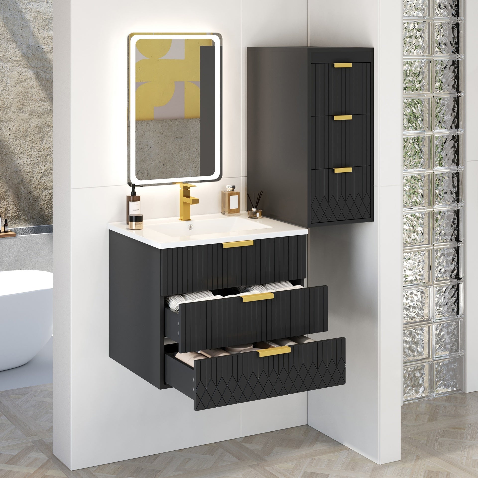 24inch Wall Mounted Floating Cabinet with Side Cabinet Combo, Rectangular Vanity, Small Bathroom Sink With Single Faucet Hole and Overflow, Modern Bathroom Cabinet with Ceramic Basin Sink