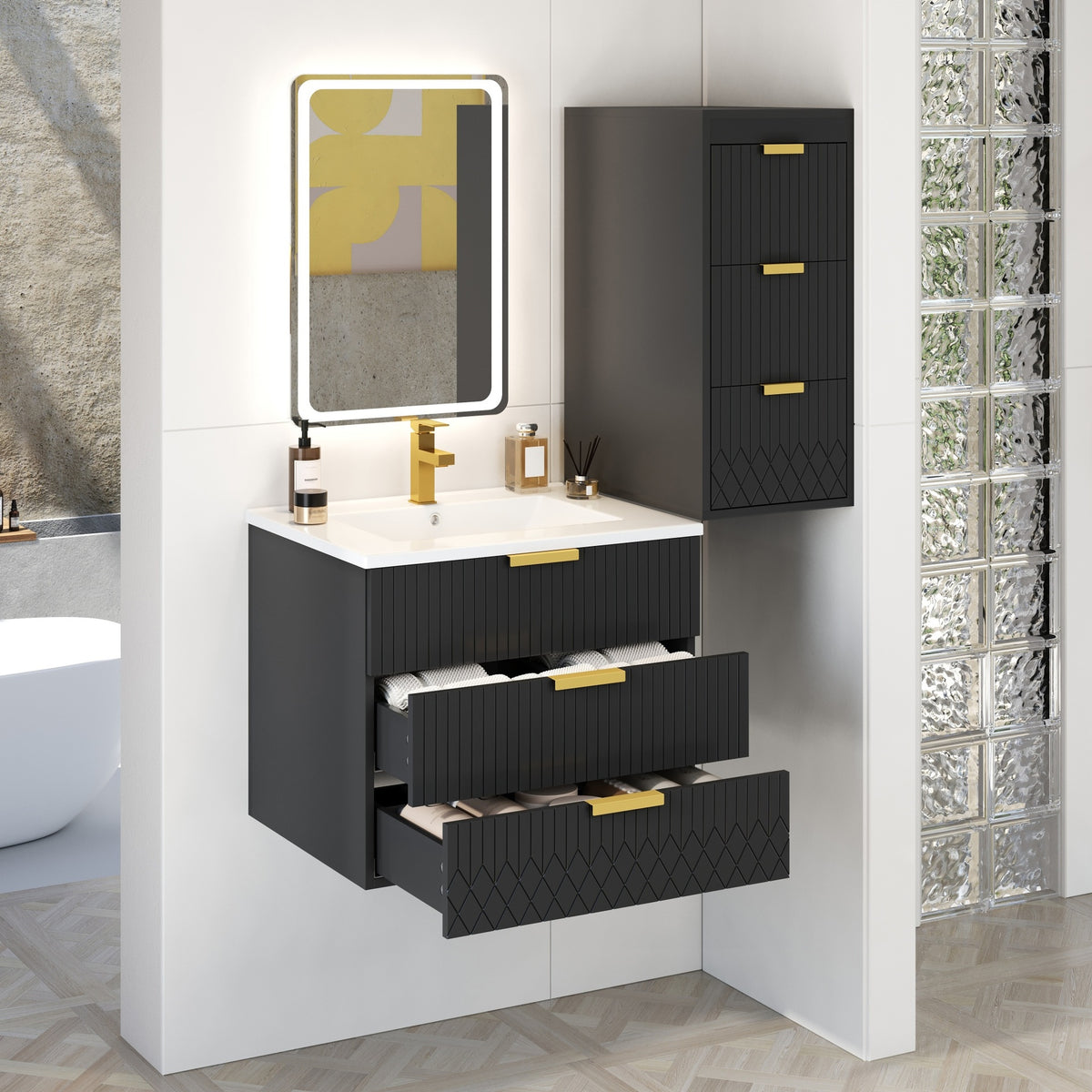 24inch Wall Mounted Floating Cabinet with Side Cabinet Combo, Rectangular Vanity, Small Bathroom Sink With Single Faucet Hole and Overflow, Modern Bathroom Cabinet with Ceramic Basin Sink