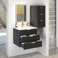 24inch Wall Mounted Floating Cabinet with Side Cabinet Combo, Rectangular Vanity, Small Bathroom Sink With Single Faucet Hole and Overflow, Modern Bathroom Cabinet with Ceramic Basin Sink