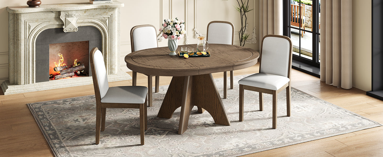 TREXM Vintage Extendable Dining Table Set for 4-6 with 4 Upholstered Chairs, 42 to 58-Inch Rustic Farmhouse Kitchen Table Set with Distressed Finish for Dining Room and Kitchen (Espresso)