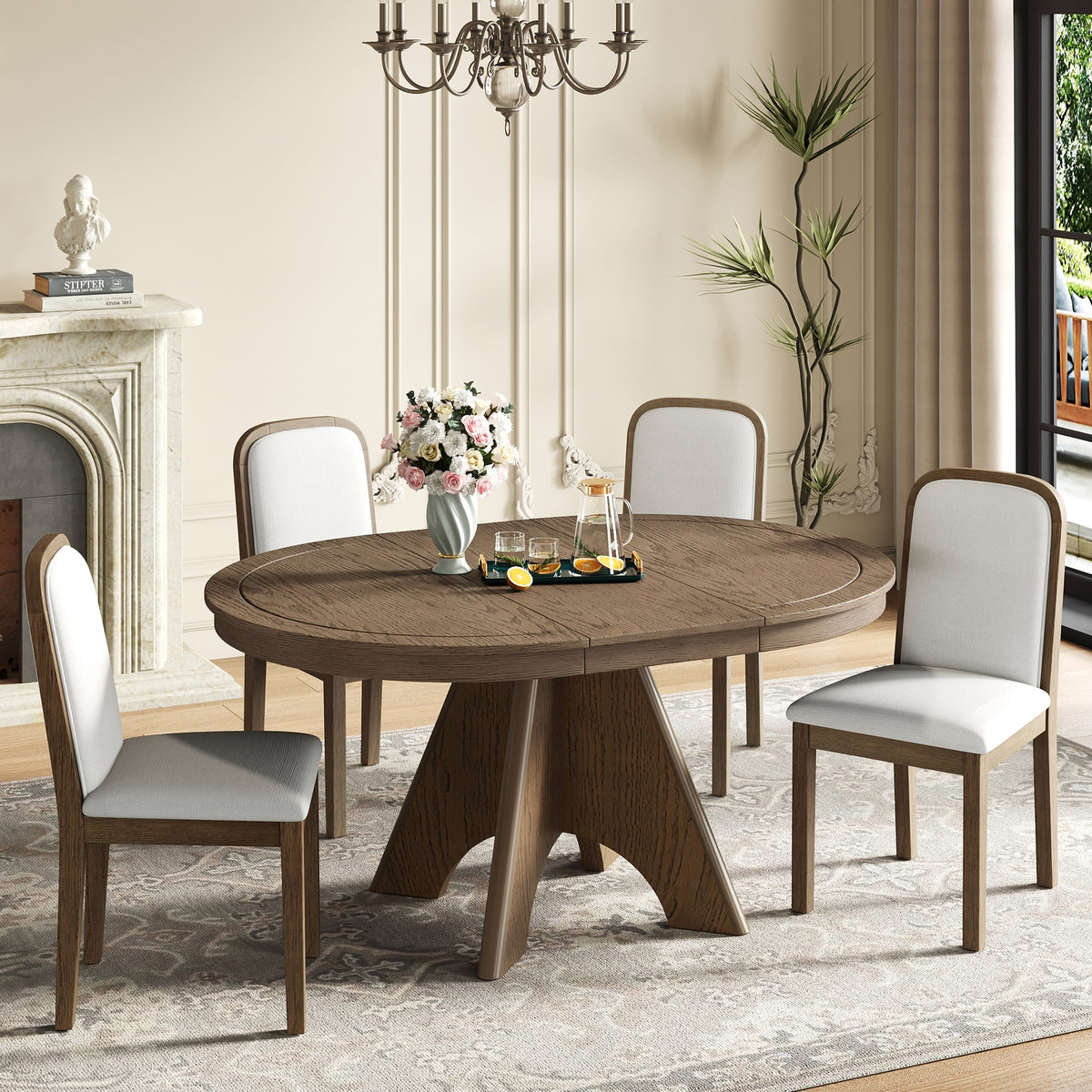 TREXM Vintage Extendable Dining Table Set for 4-6 with 4 Upholstered Chairs, 42 to 58-Inch Rustic Farmhouse Kitchen Table Set with Distressed Finish for Dining Room and Kitchen (Espresso)