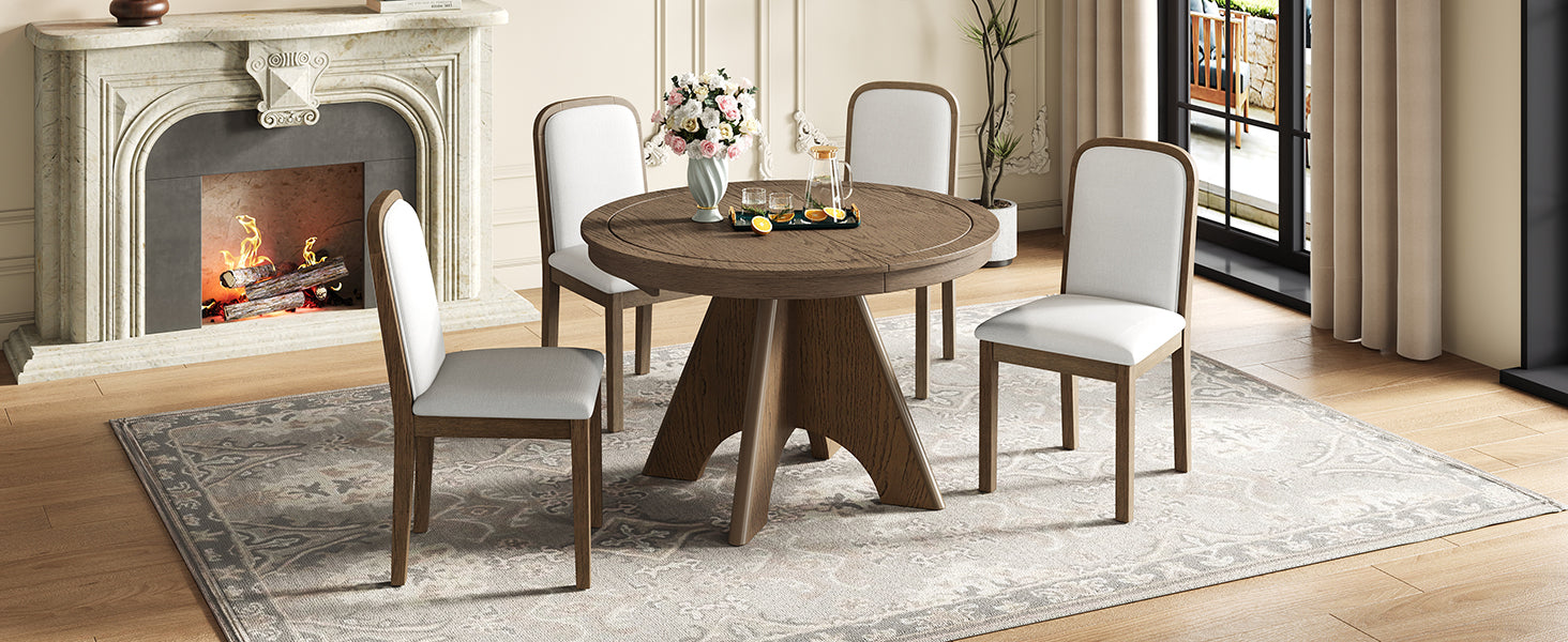 TREXM Vintage Extendable Dining Table Set for 4-6 with 4 Upholstered Chairs, 42 to 58-Inch Rustic Farmhouse Kitchen Table Set with Distressed Finish for Dining Room and Kitchen (Espresso)
