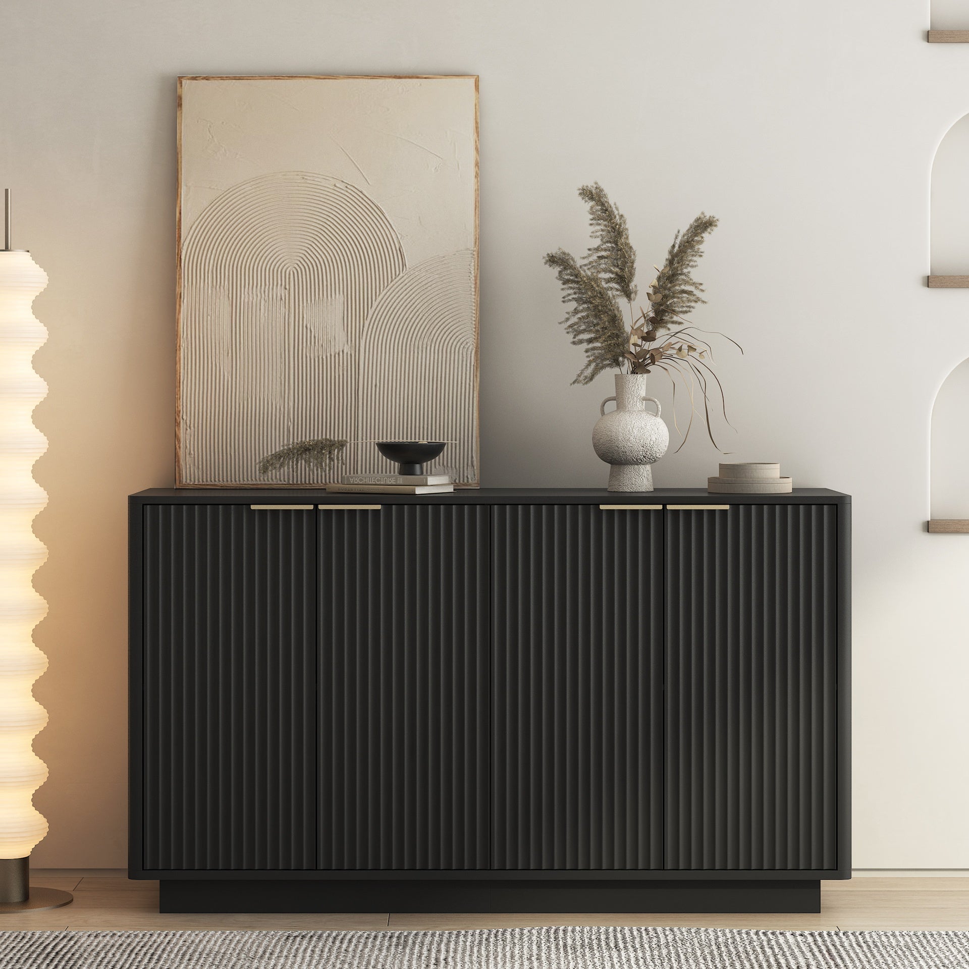 Black Modern Buffet Cabinet with Storage, Fluted Sideboard Large Buffet with Adjustable Shelves, Credenza, Accent Cabinet Console Table