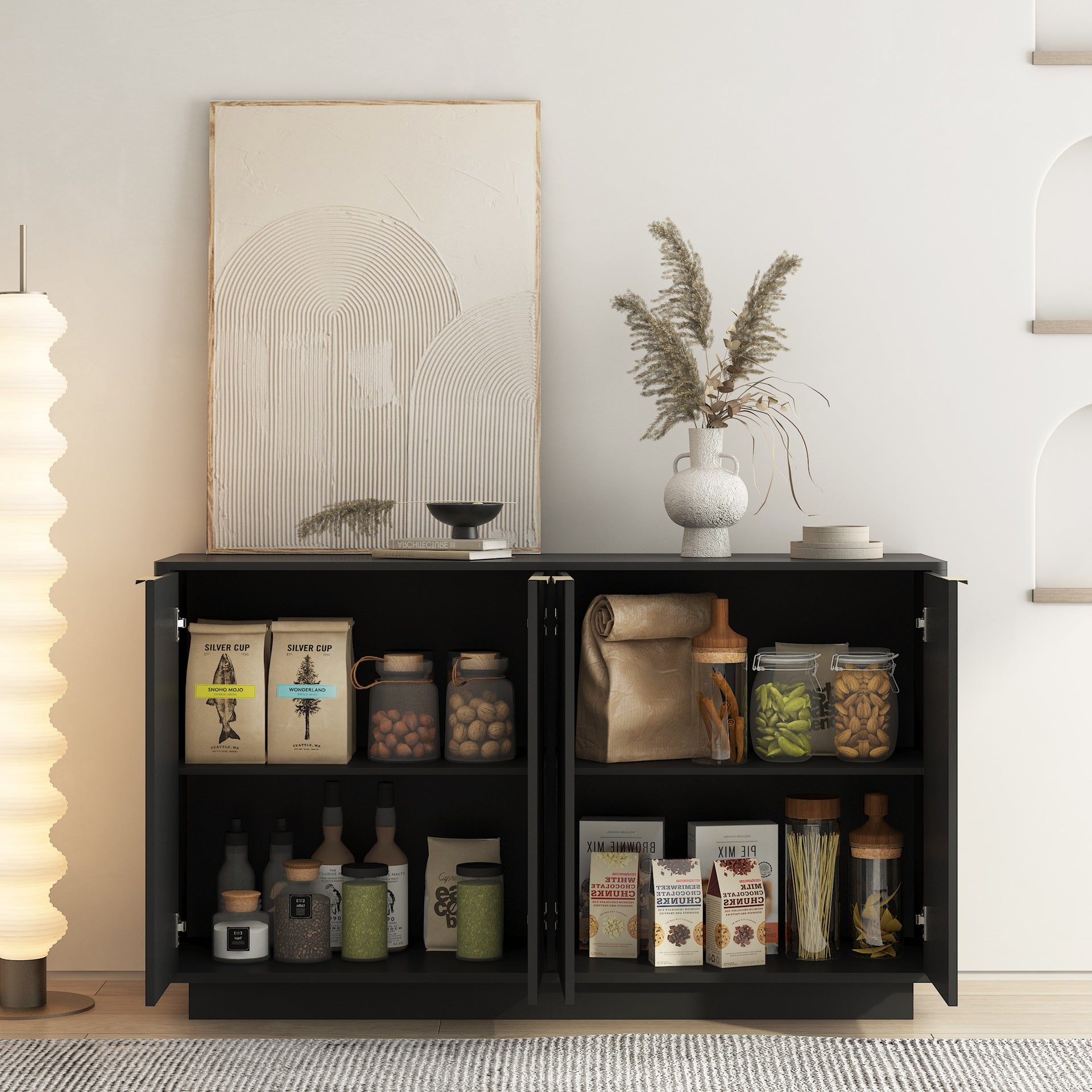 Black Modern Buffet Cabinet with Storage, Fluted Sideboard Large Buffet with Adjustable Shelves, Credenza, Accent Cabinet Console Table