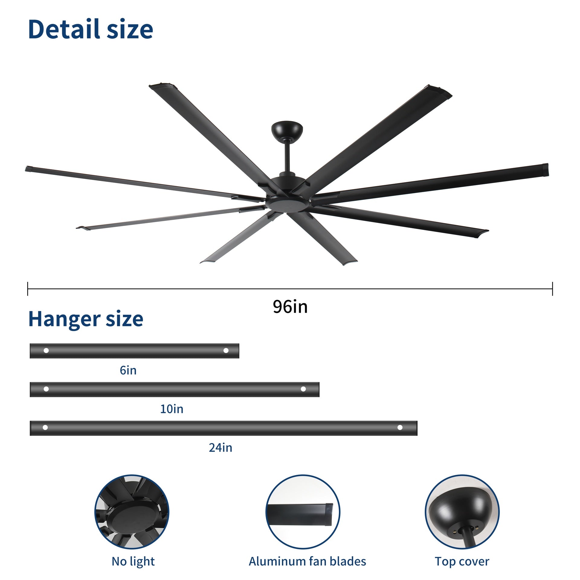 96 Inch Industrial DC Motor Ceiling Fan, Large Ceiling Fan with 8 Reversible Blades,  5-Speed Remote Control, Home or Commercial Ceiling Fans for Porch/Garage/Shop, Black