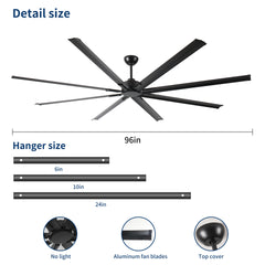 96 Inch Industrial DC Motor Ceiling Fan, Large Ceiling Fan with 8 Reversible Blades,  5-Speed Remote Control, Home or Commercial Ceiling Fans for Porch/Garage/Shop, Black