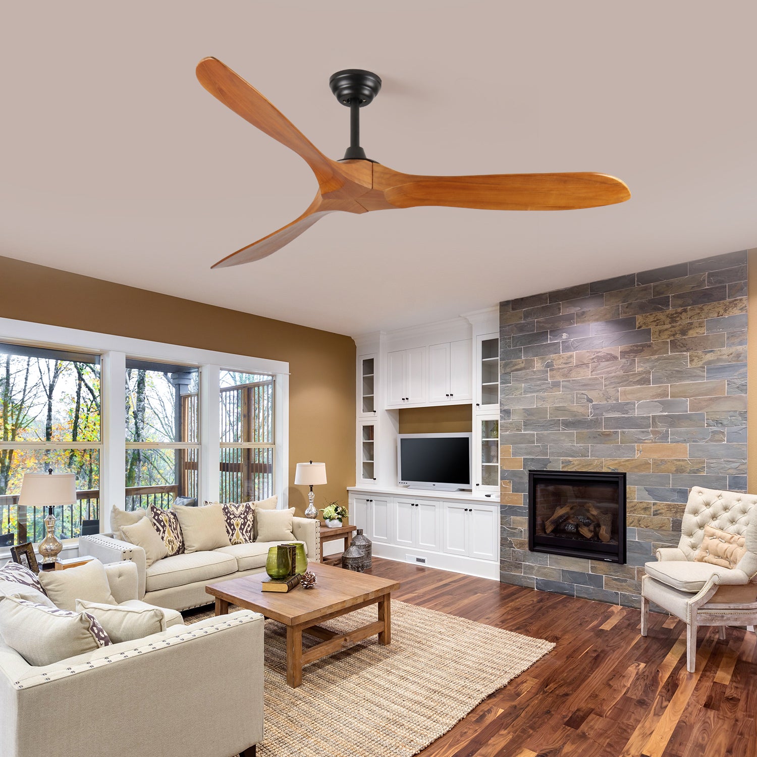 60 in. Indoor Farmhouse Black Wood Ceiling Fan with Remote Control for Living Room or Patio