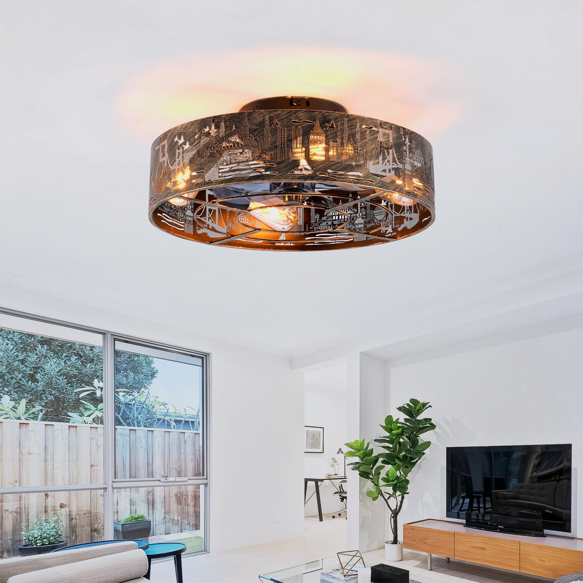 20"  Iron Art  Ceiling Fans with  Remote, Farmhouse Flush Mount Ceiling Fan with 6 Speeds Reversible Motor, for Kitchen, Bedroom--NOT Included Bulbs