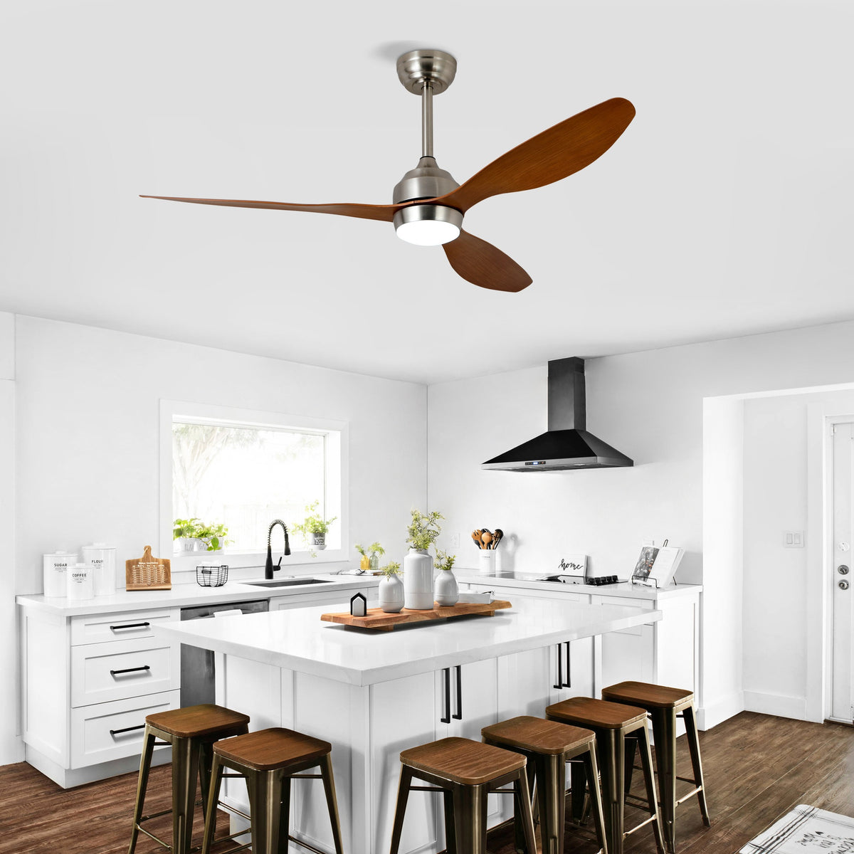 52" Ceiling Fan with Lights Quiet DC Motor 3 ABS Blade Ceiling Fans 6 Speed Levels,Reversible Ceiling Fan, for Patio Living Room, Bedroom, Office,Indoor.(Stain Nickel + Wood Gain )