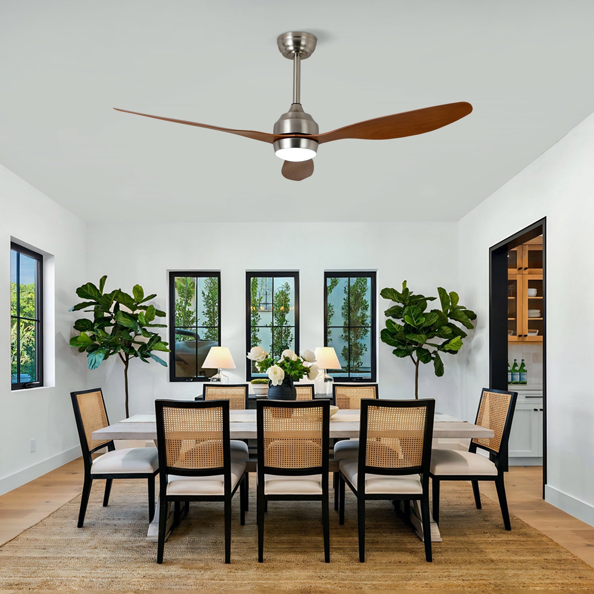 52" Ceiling Fan with Lights Quiet DC Motor 3 ABS Blade Ceiling Fans 6 Speed Levels,Reversible Ceiling Fan, for Patio Living Room, Bedroom, Office,Indoor.(Stain Nickel + Wood Gain )
