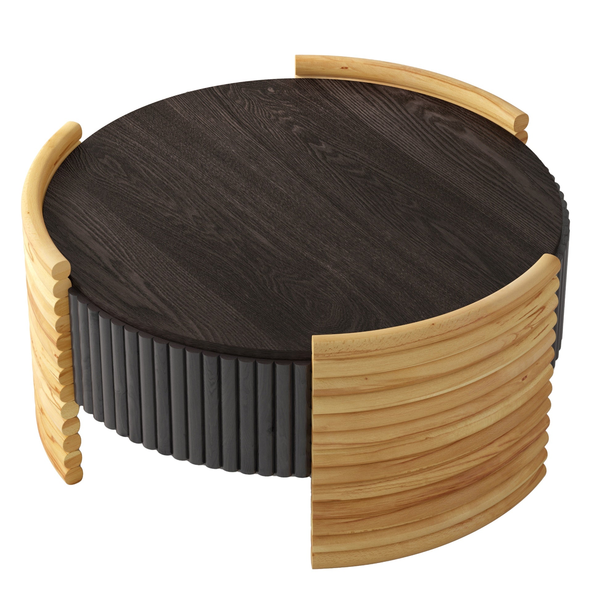 31.50" Modern Colorblocked Striped Coffee Table with Flip Top Storage Coffee Table - Natural Wood Finish for Living Room, Apartment, Office, Easy to Assemble, Dark Brown Tabletop + Wooden Color