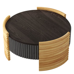 31.50" Modern Colorblocked Striped Coffee Table with Flip Top Storage Coffee Table - Natural Wood Finish for Living Room, Apartment, Office, Easy to Assemble, Dark Brown Tabletop + Wooden Color