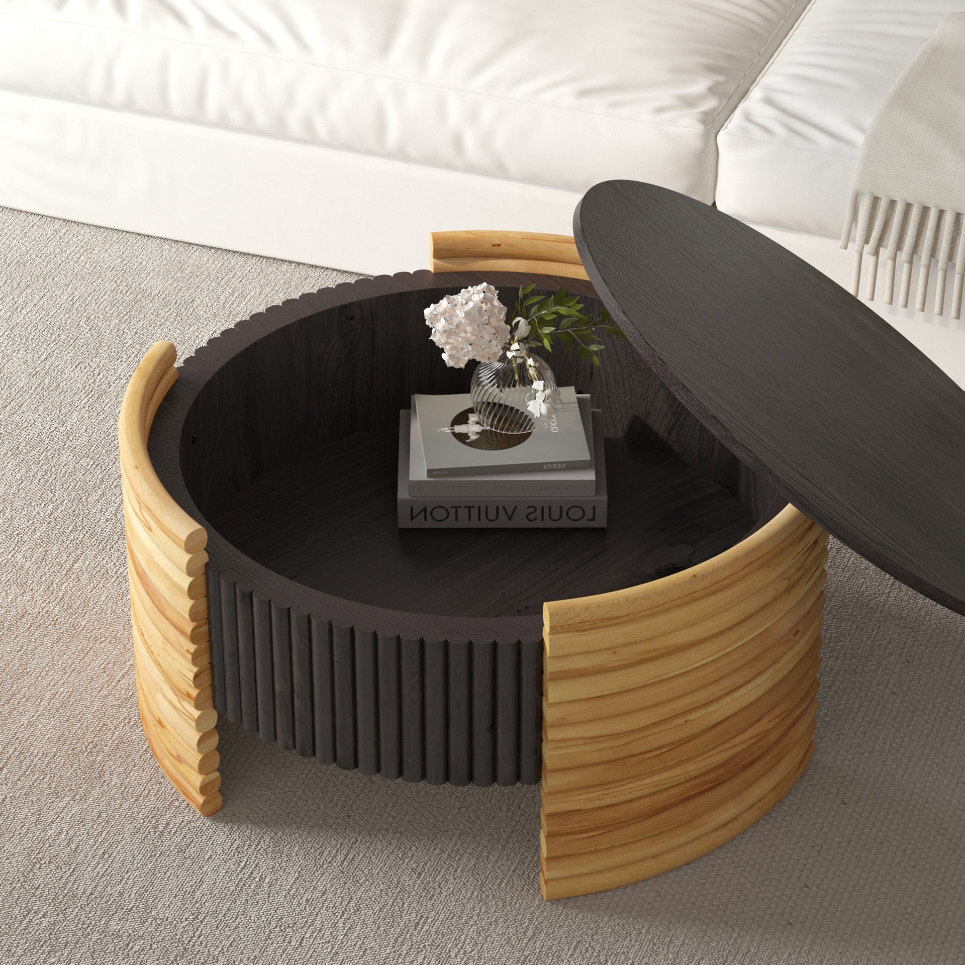 31.50" Modern Colorblocked Striped Coffee Table with Flip Top Storage Coffee Table - Natural Wood Finish for Living Room, Apartment, Office, Easy to Assemble, Dark Brown Tabletop + Wooden Color